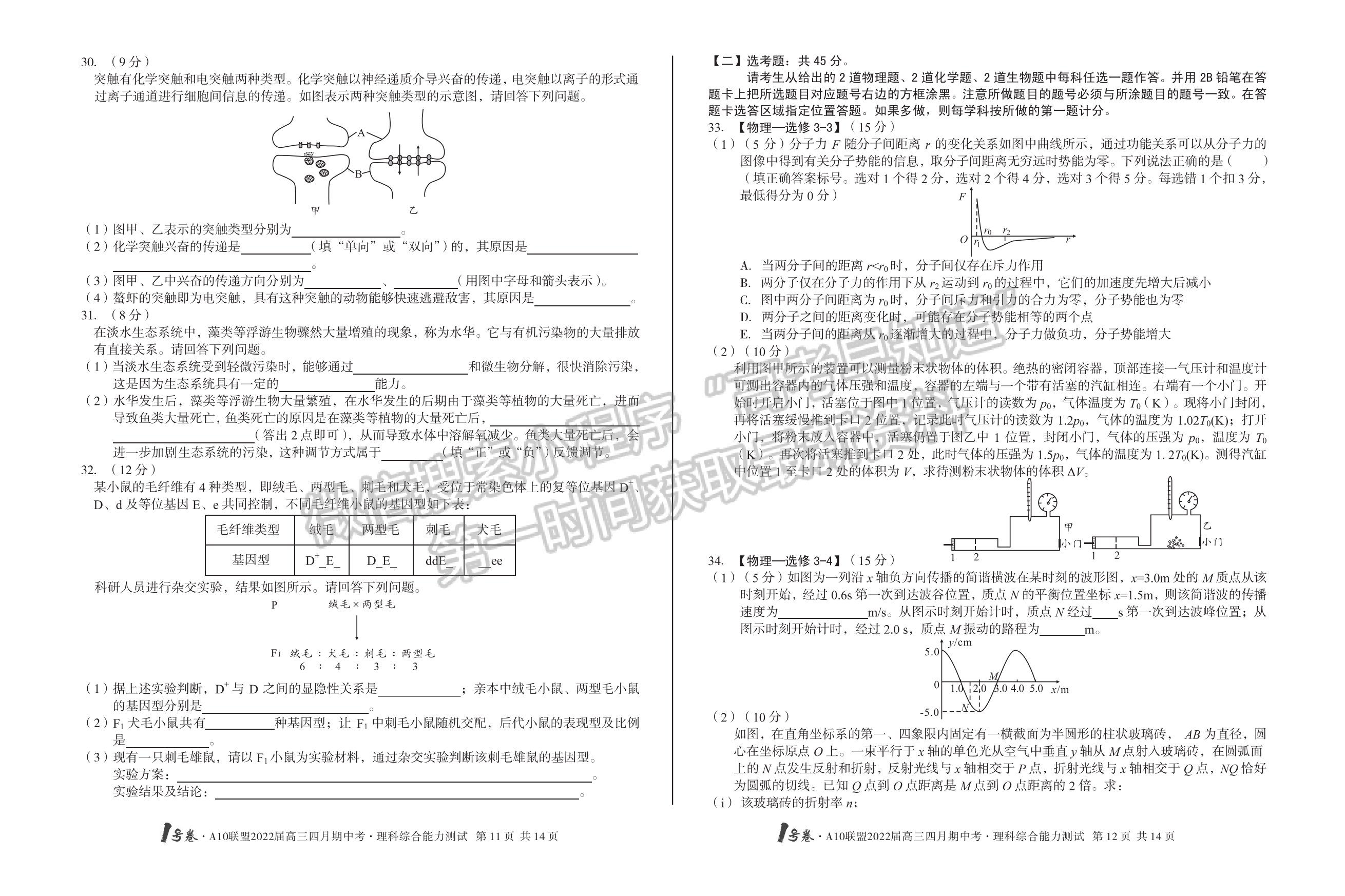 2022安徽A10聯盟高三期中考理綜試卷及答案