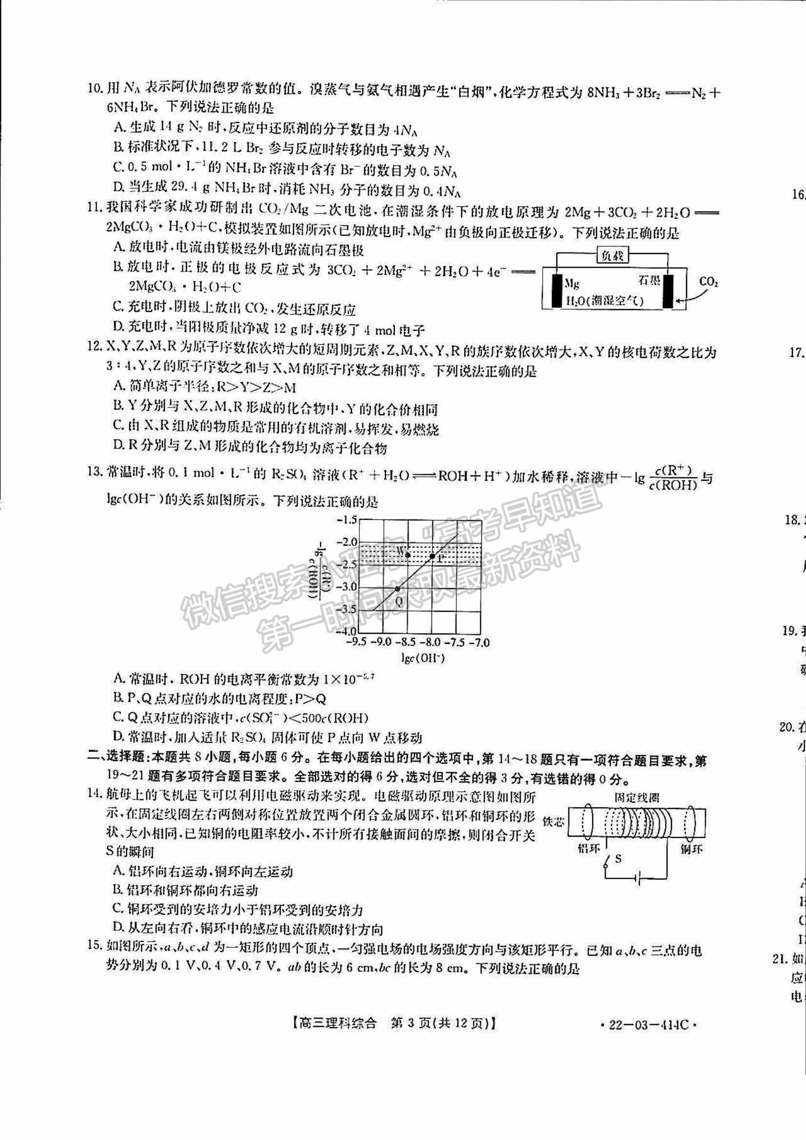 2022河南省高三模擬考試（22-03-414C）理綜試題及參考答案