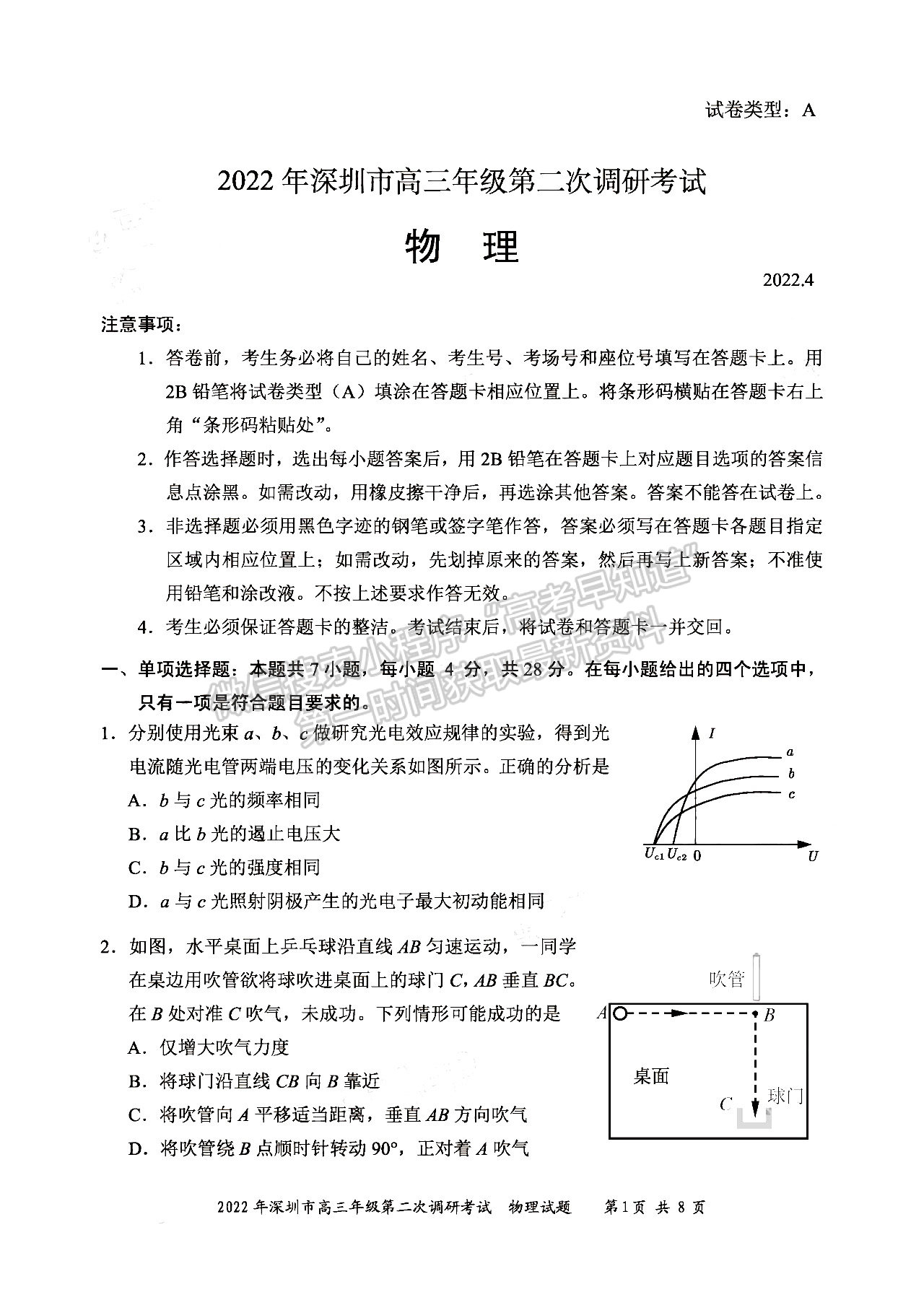 2022深圳二模物理試題及參考答案