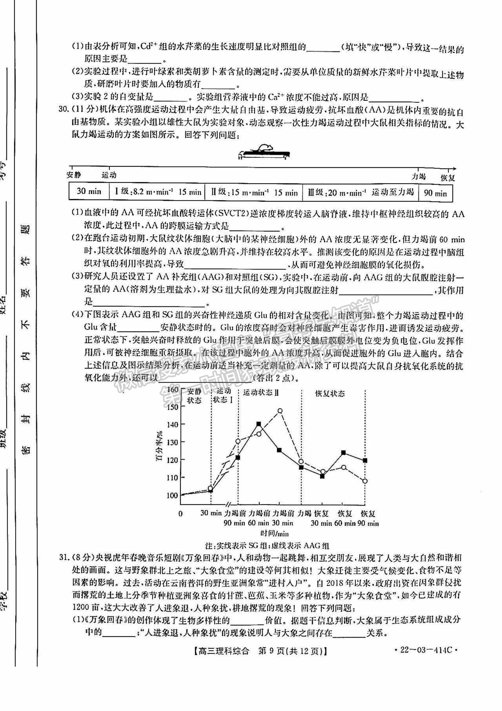 2022河南省高三模擬考試（22-03-414C）理綜試題及參考答案