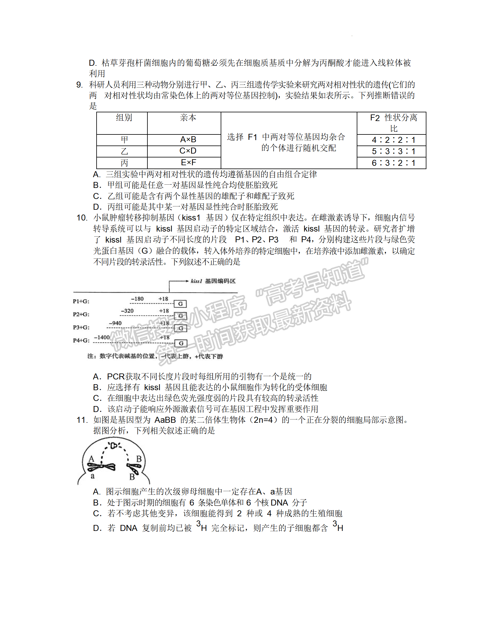 2022湖北部分重點中學4月聯考生物試卷及答案