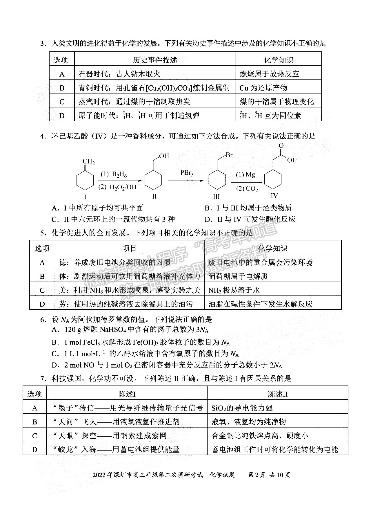 2022深圳二?；瘜W(xué)試題及參考答案