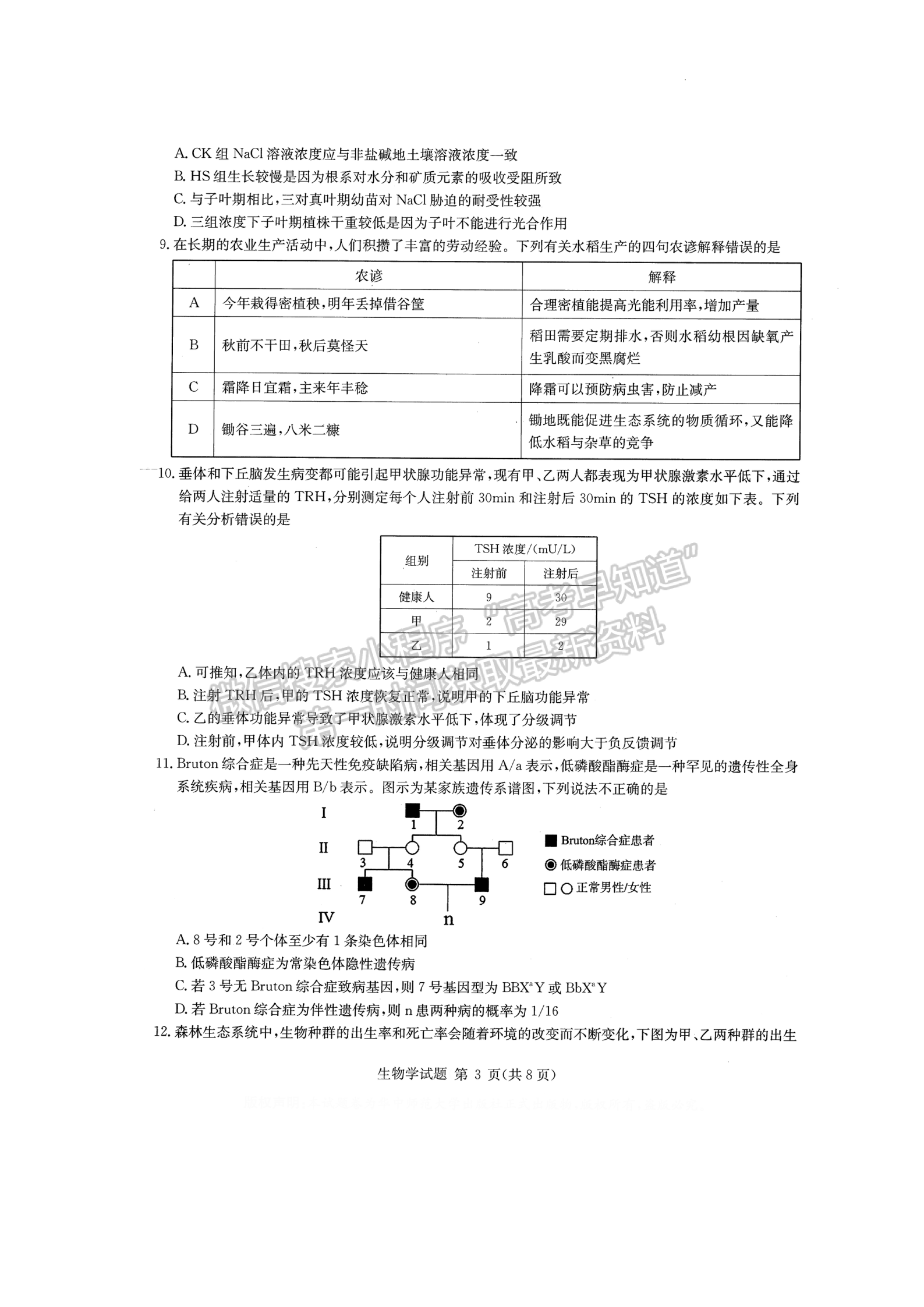 2022華大新高考聯(lián)盟高三3月質(zhì)量測評（新高考卷）生物試卷及答案