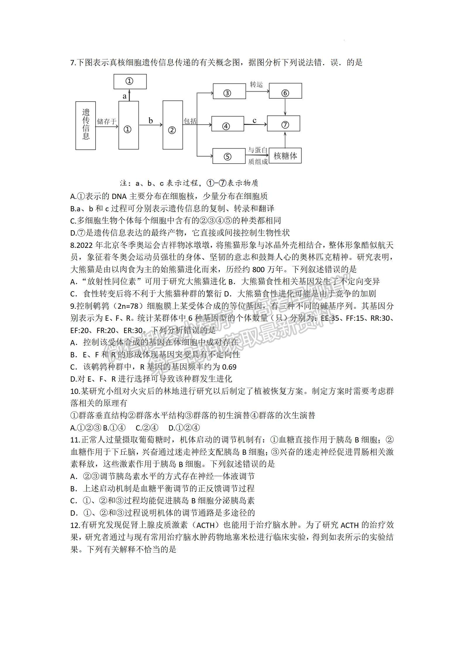 2022深圳二模生物試題及參考答案