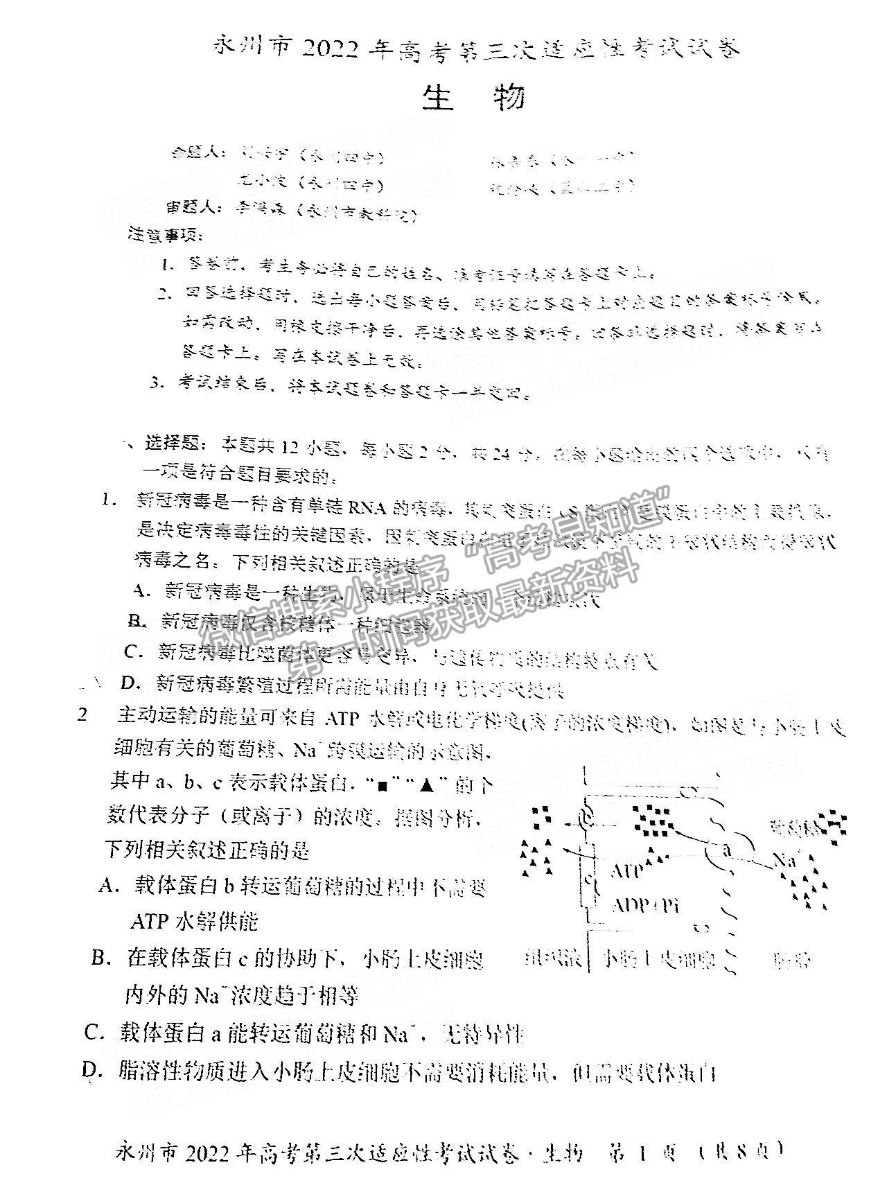 湖南省永州市2022屆高三第三次適應性考試（永州三模）生物試卷及答案