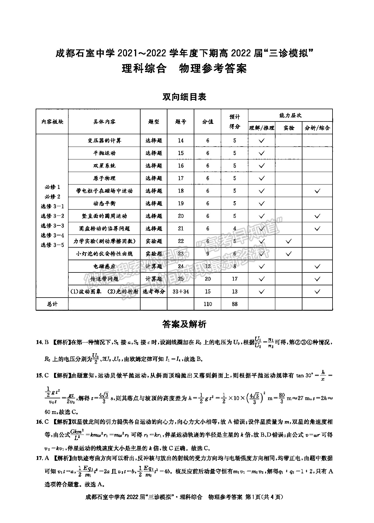 2022成都石室中學(xué)高2022屆三診模擬理科綜合試題及答案