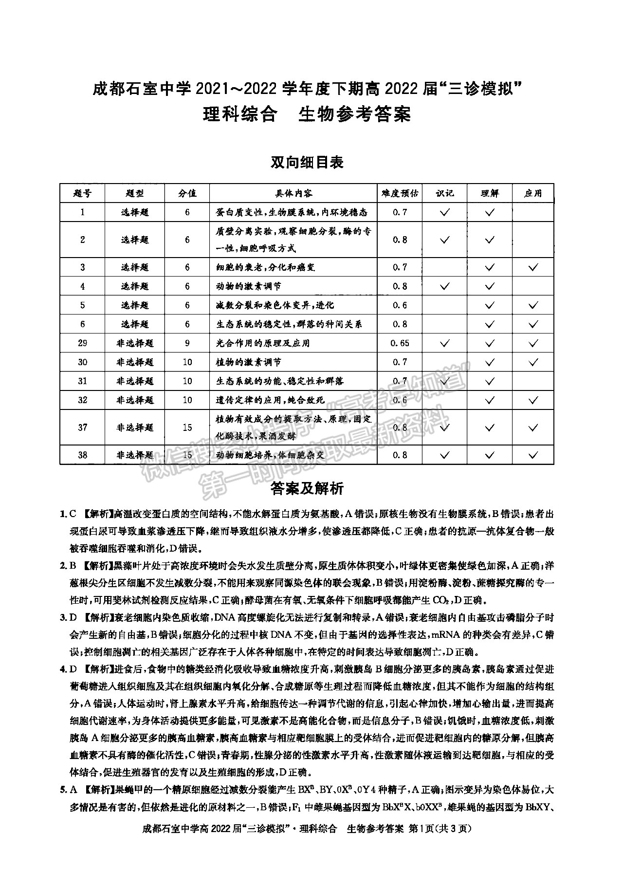 2022成都石室中學(xué)高2022屆三診模擬理科綜合試題及答案