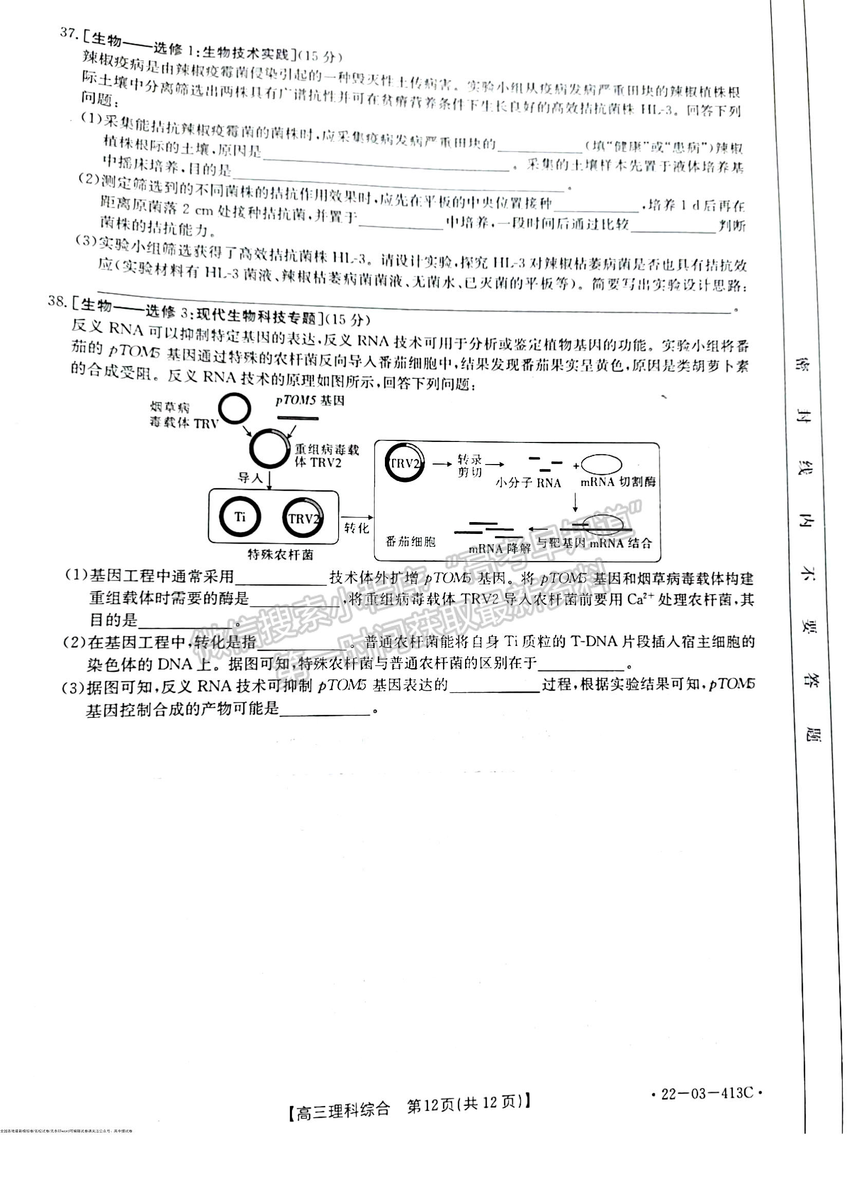 2022新鄉(xiāng)市高三第三次模擬考試 理綜試題及參考答案