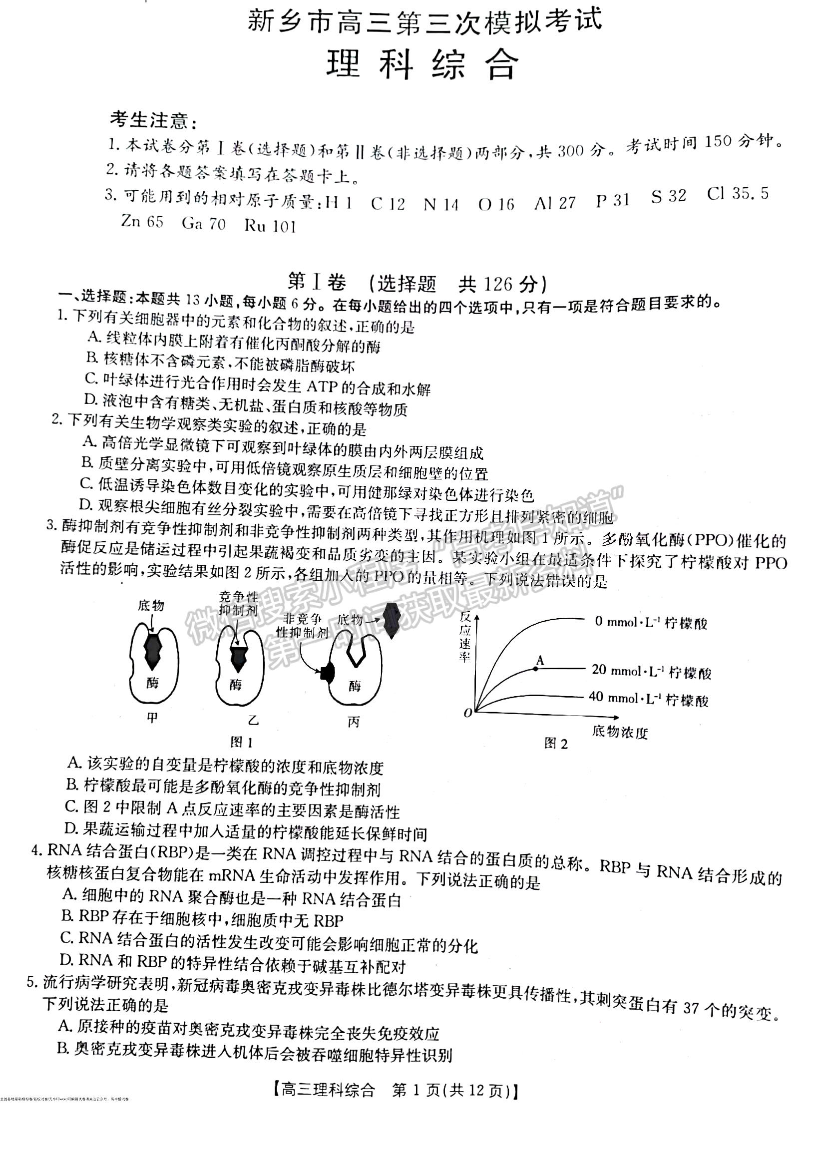 2022新鄉(xiāng)市高三第三次模擬考試 理綜試題及參考答案