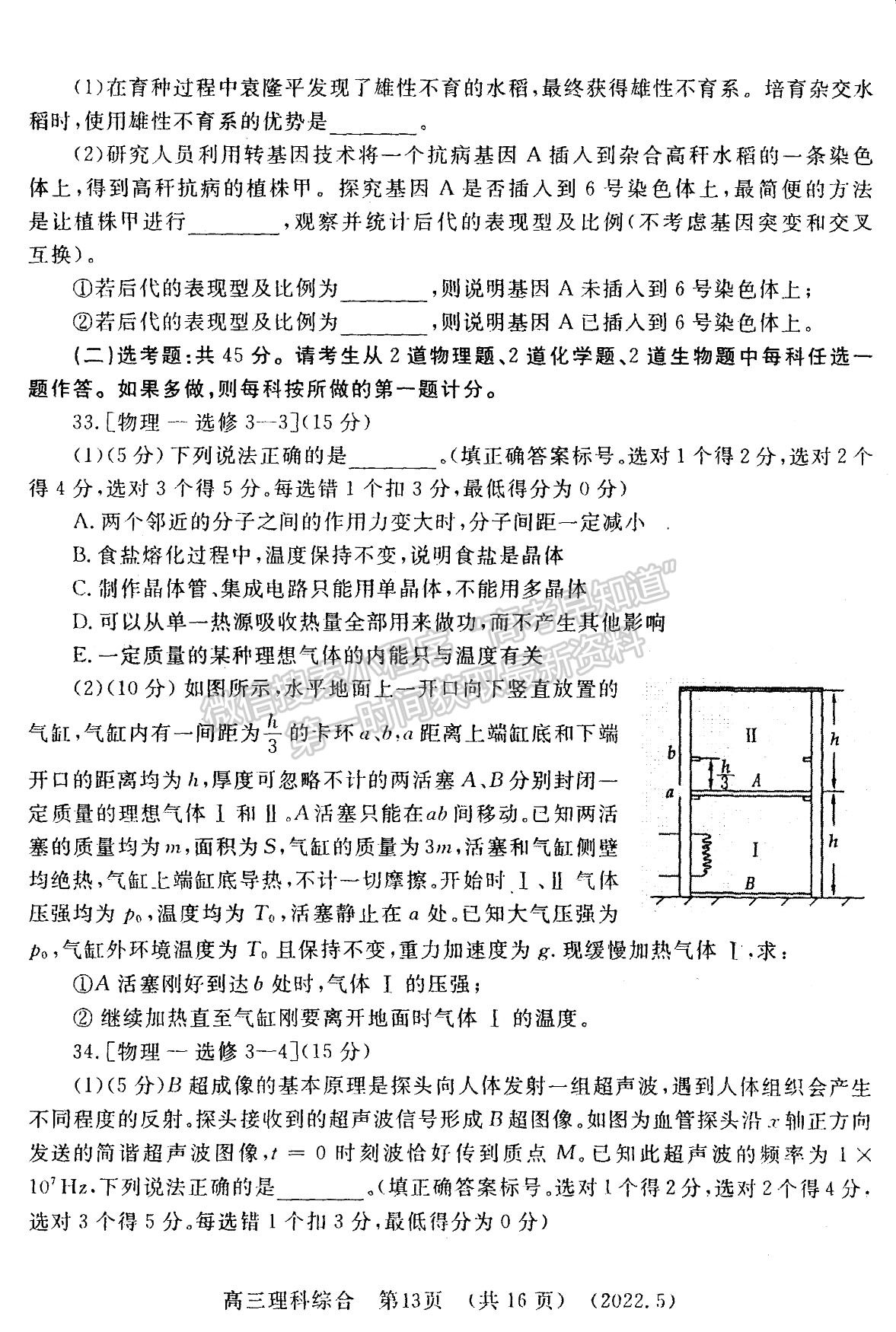 2022河南洛陽市高三第三次統(tǒng)一考試理綜試卷及答案