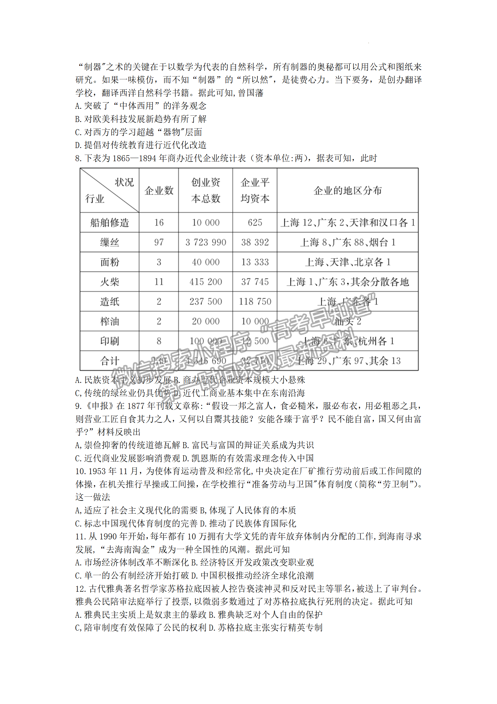 2022屆湖南省長沙市長郡中學高三模擬試卷（一）歷史試卷及答案