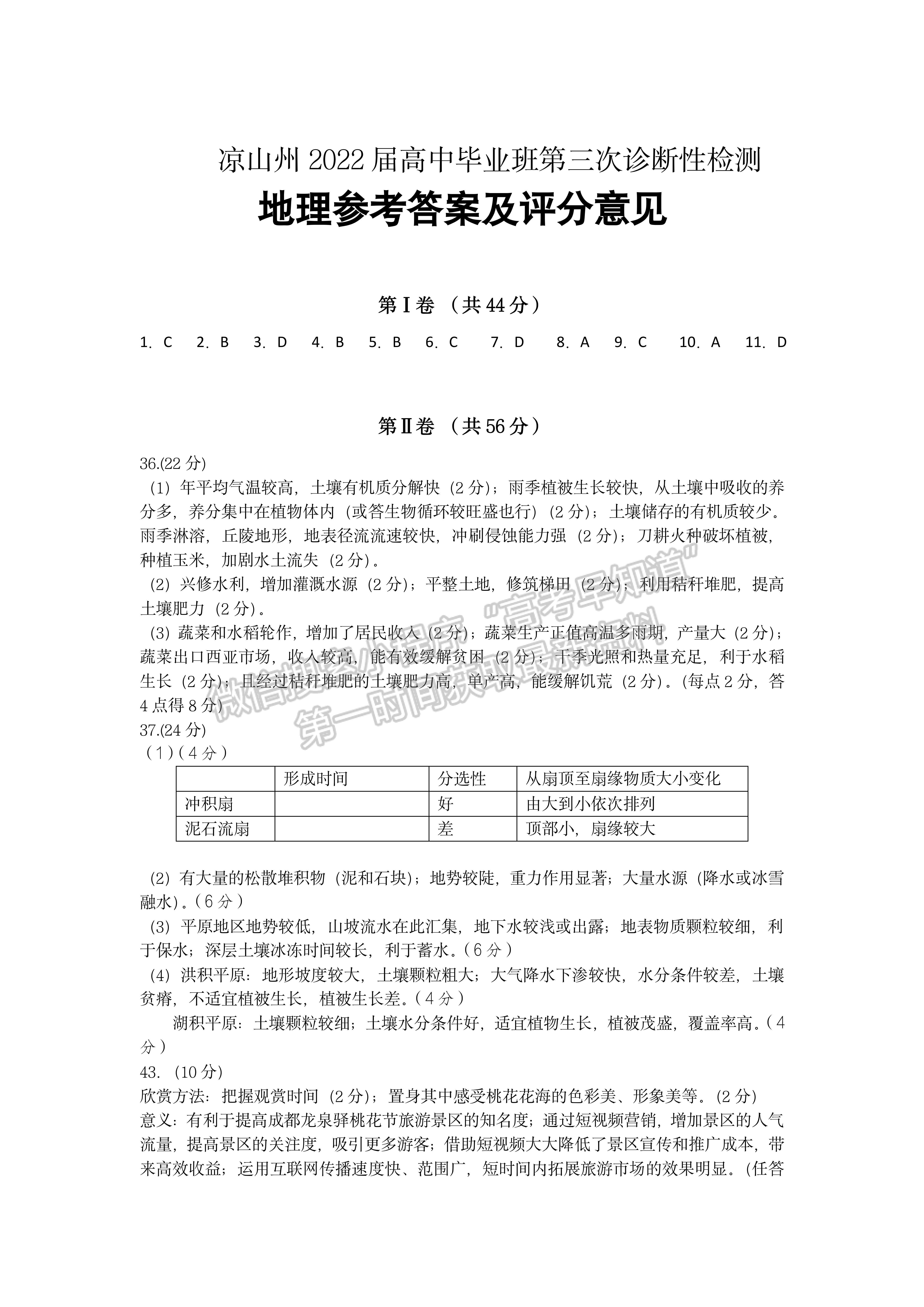 2022四川省涼山州2022屆高中畢業(yè)班第三次診斷性檢測(cè)文科綜合試題答案