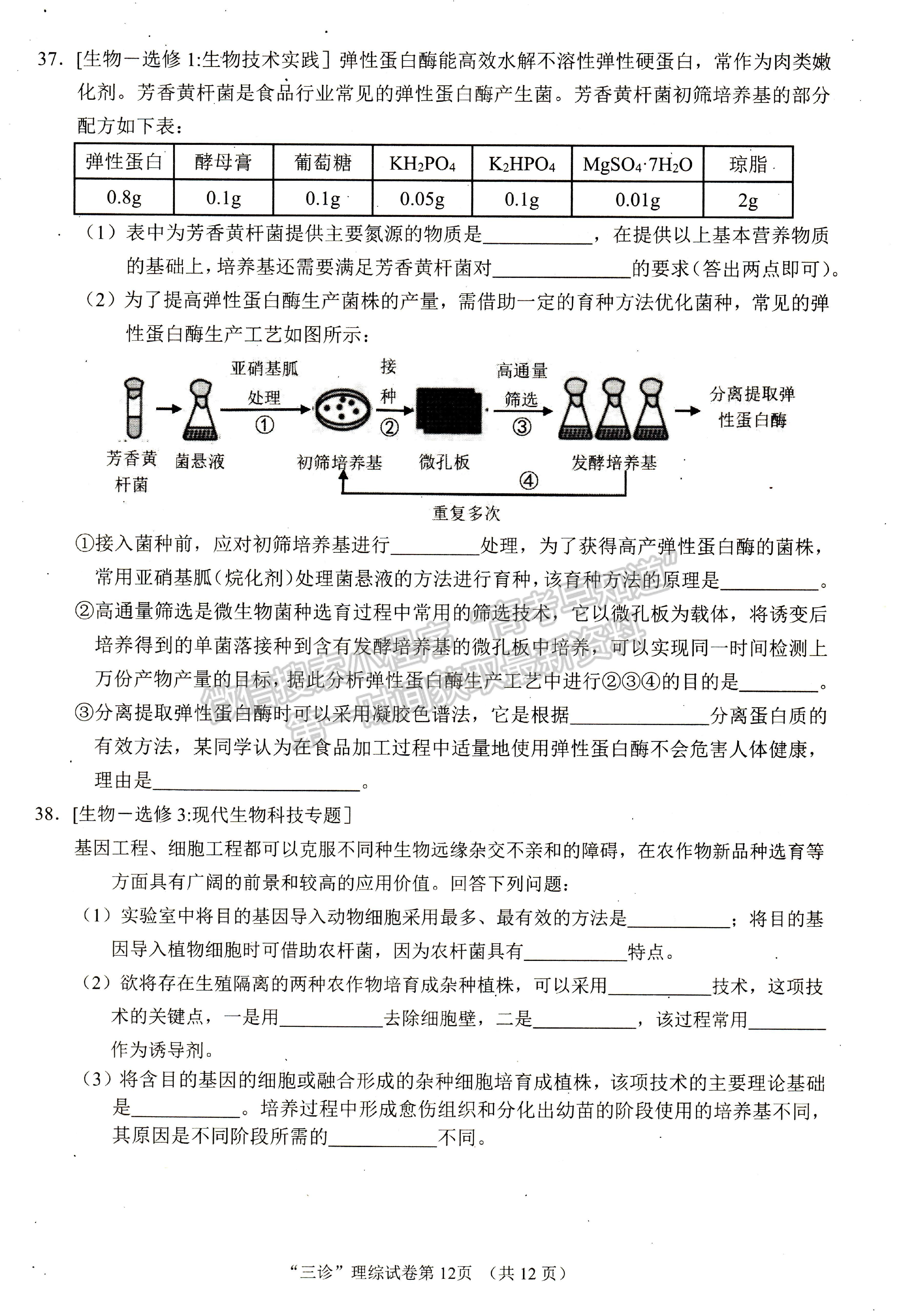 2022四川省南充市三診考試理科綜合試題及答案