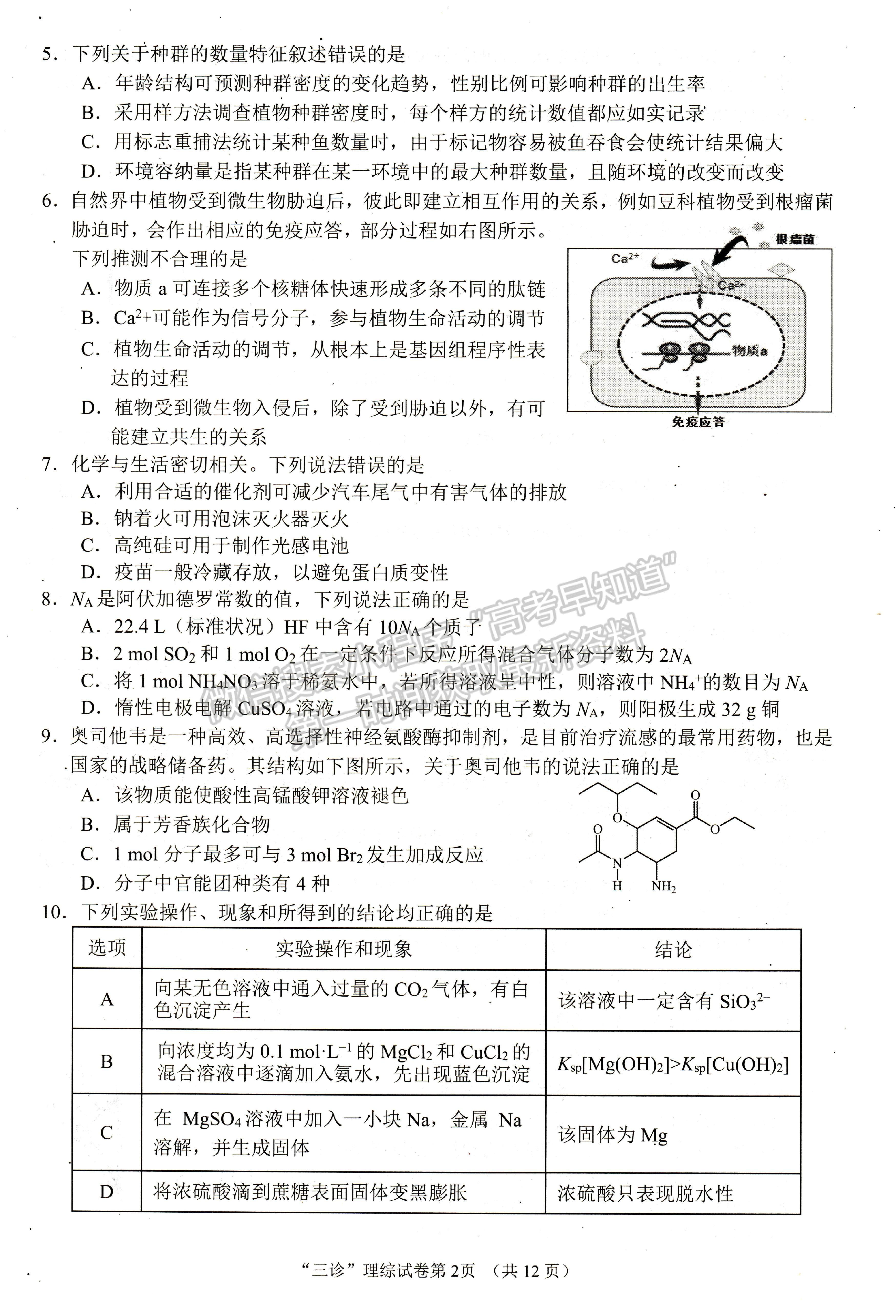 2022四川省南充市三診考試?yán)砜凭C合試題及答案