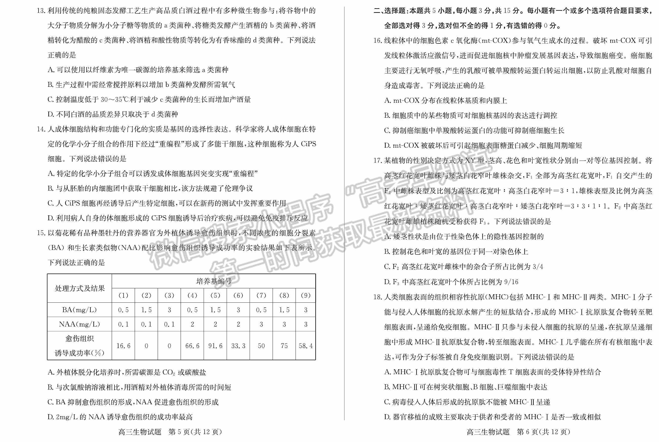 2022山東濱州二模生物試題及參考答案