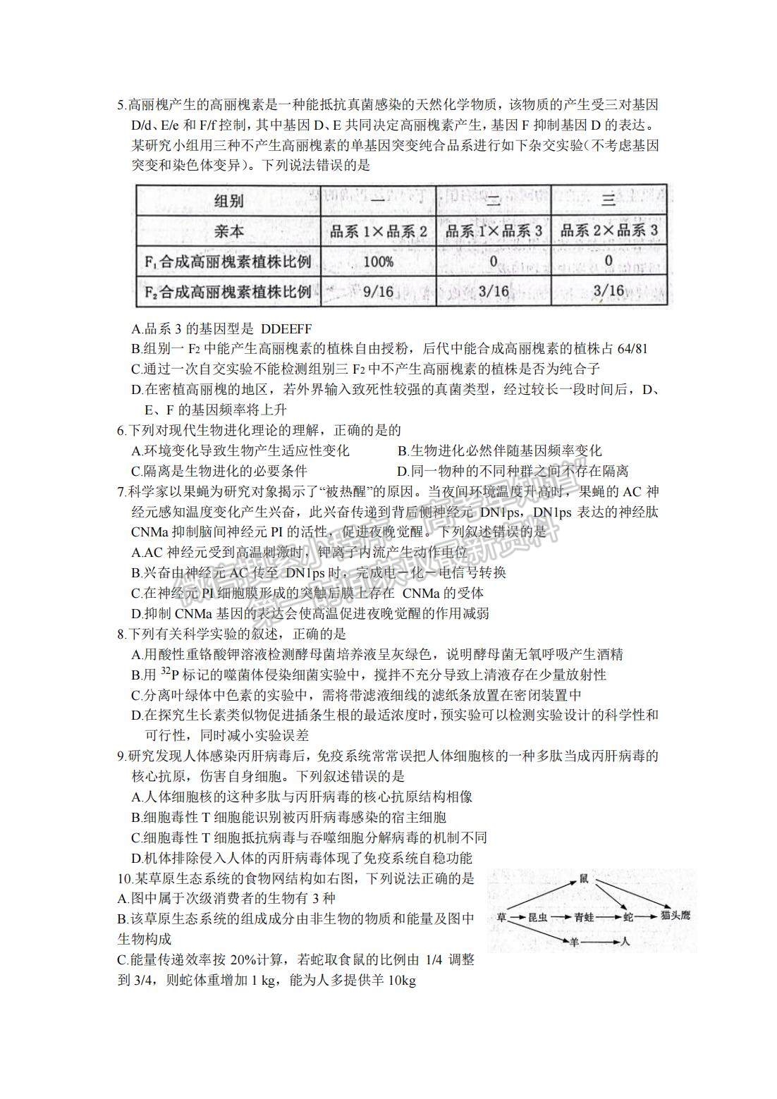 2022山東煙臺二模生物試題及參考答案