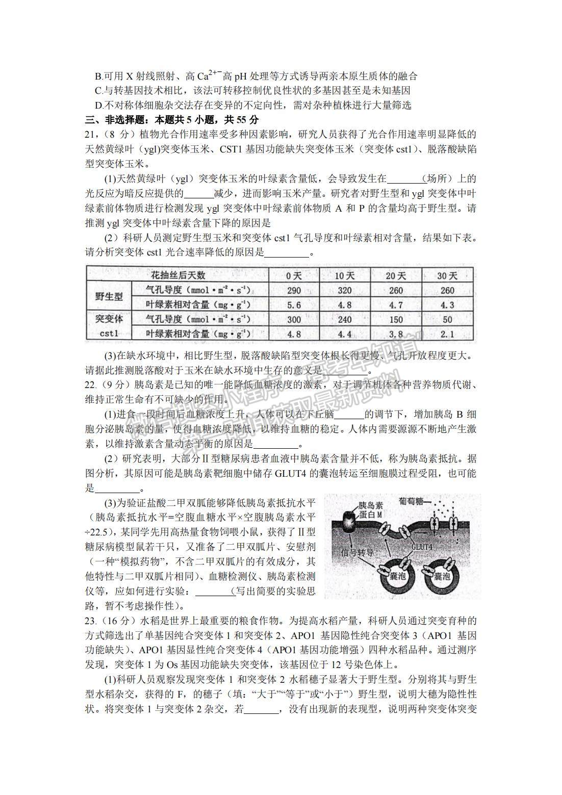 2022山東煙臺(tái)二模生物試題及參考答案