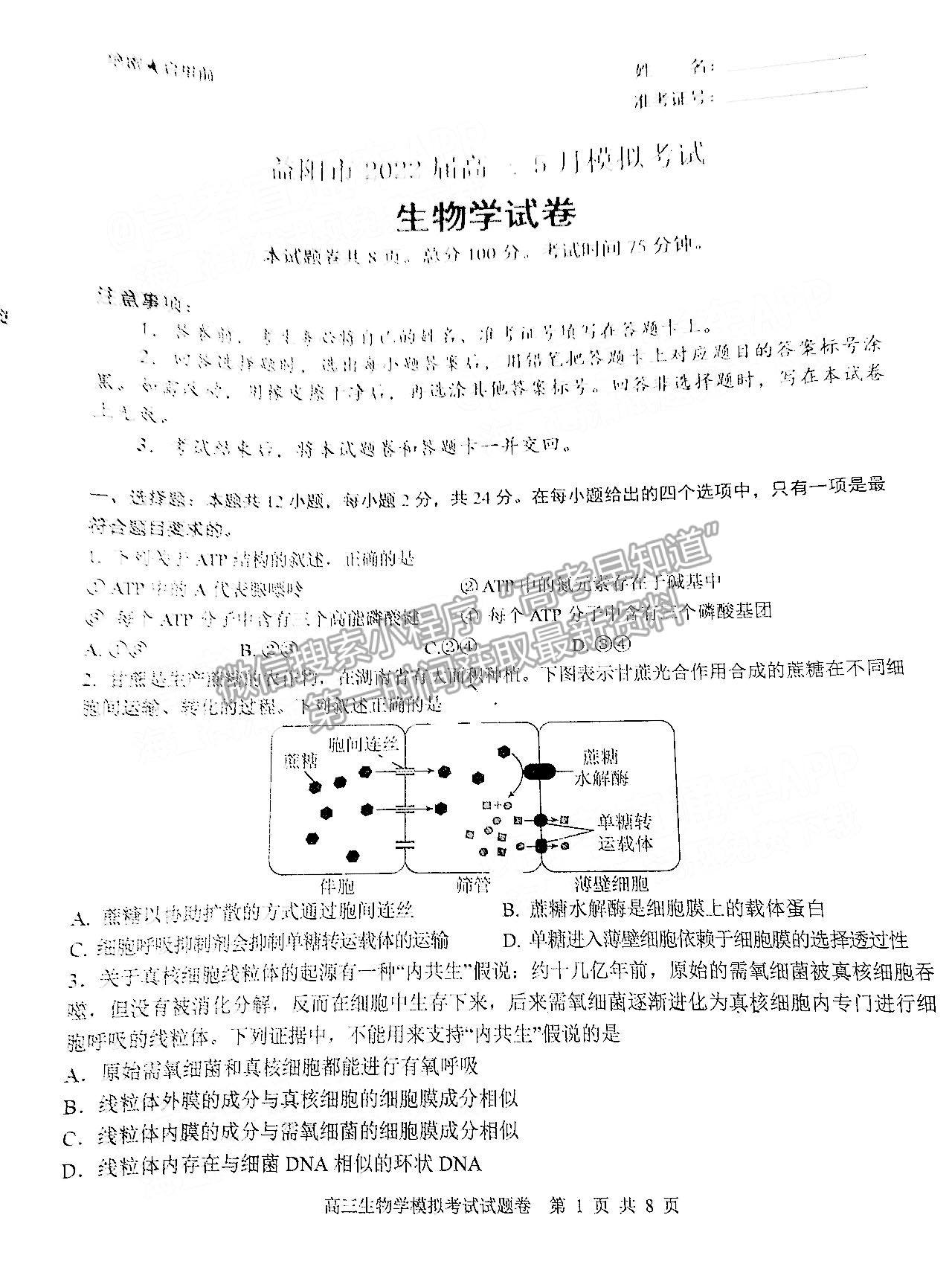 益陽(yáng)市2022屆高三5月模擬考（益陽(yáng)三模）生物試卷及答案