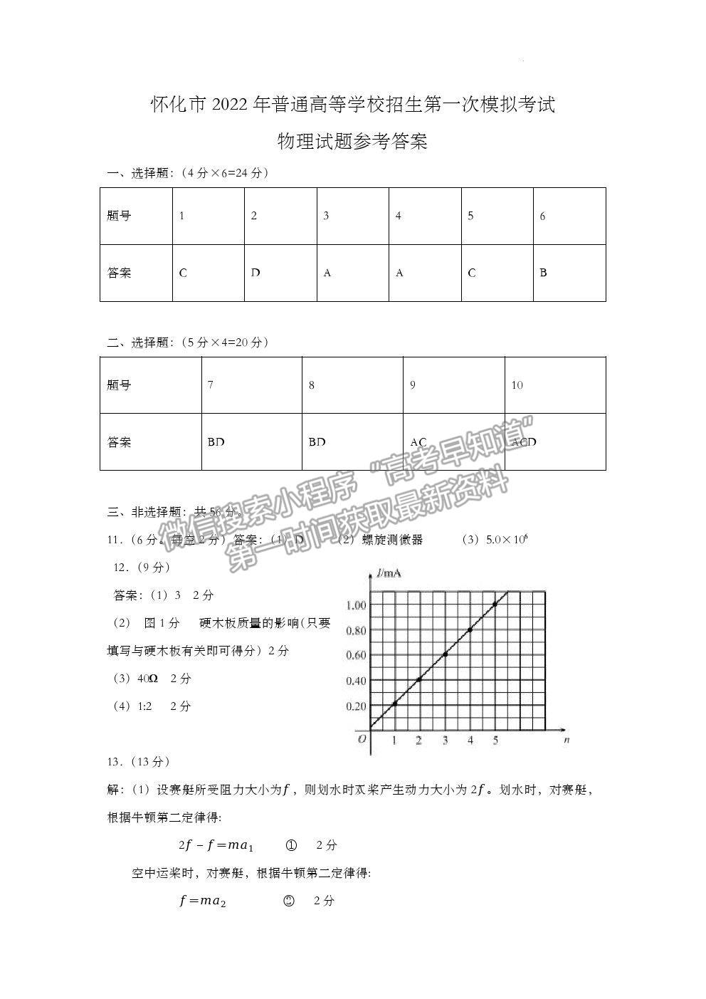 2022懷化一模物理試題及參考答案