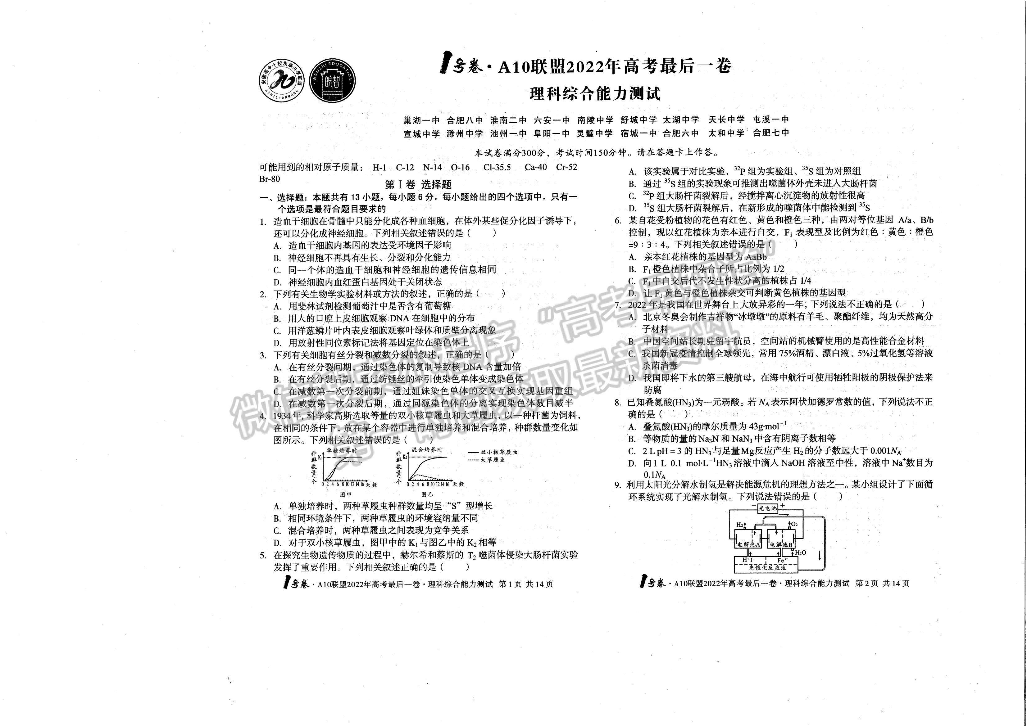 2022安徽A10聯(lián)盟最后一卷理綜試卷及答案