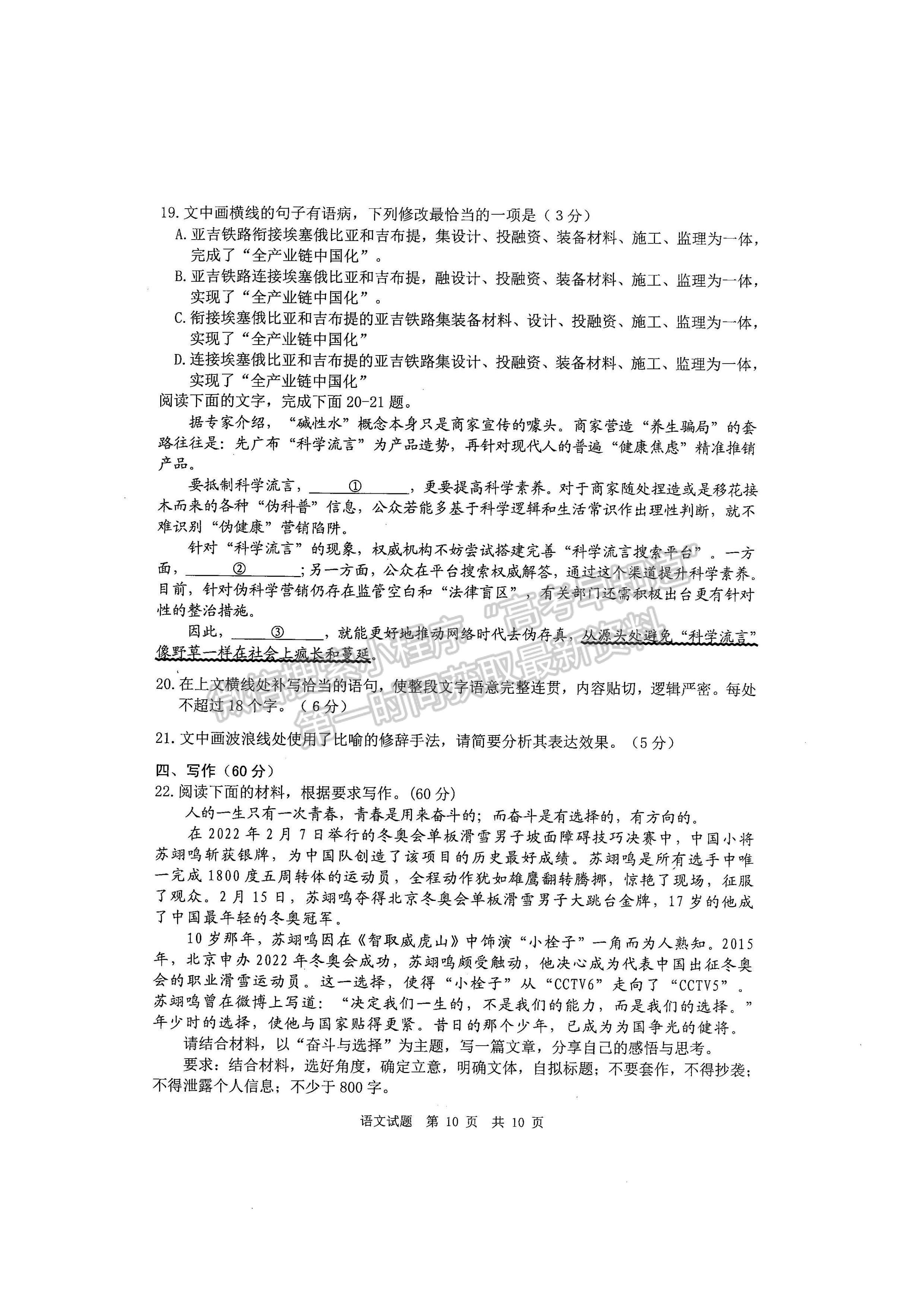 2022四川省雅安市高中2019級(jí)第三次診斷性考試語(yǔ)文試題及答案