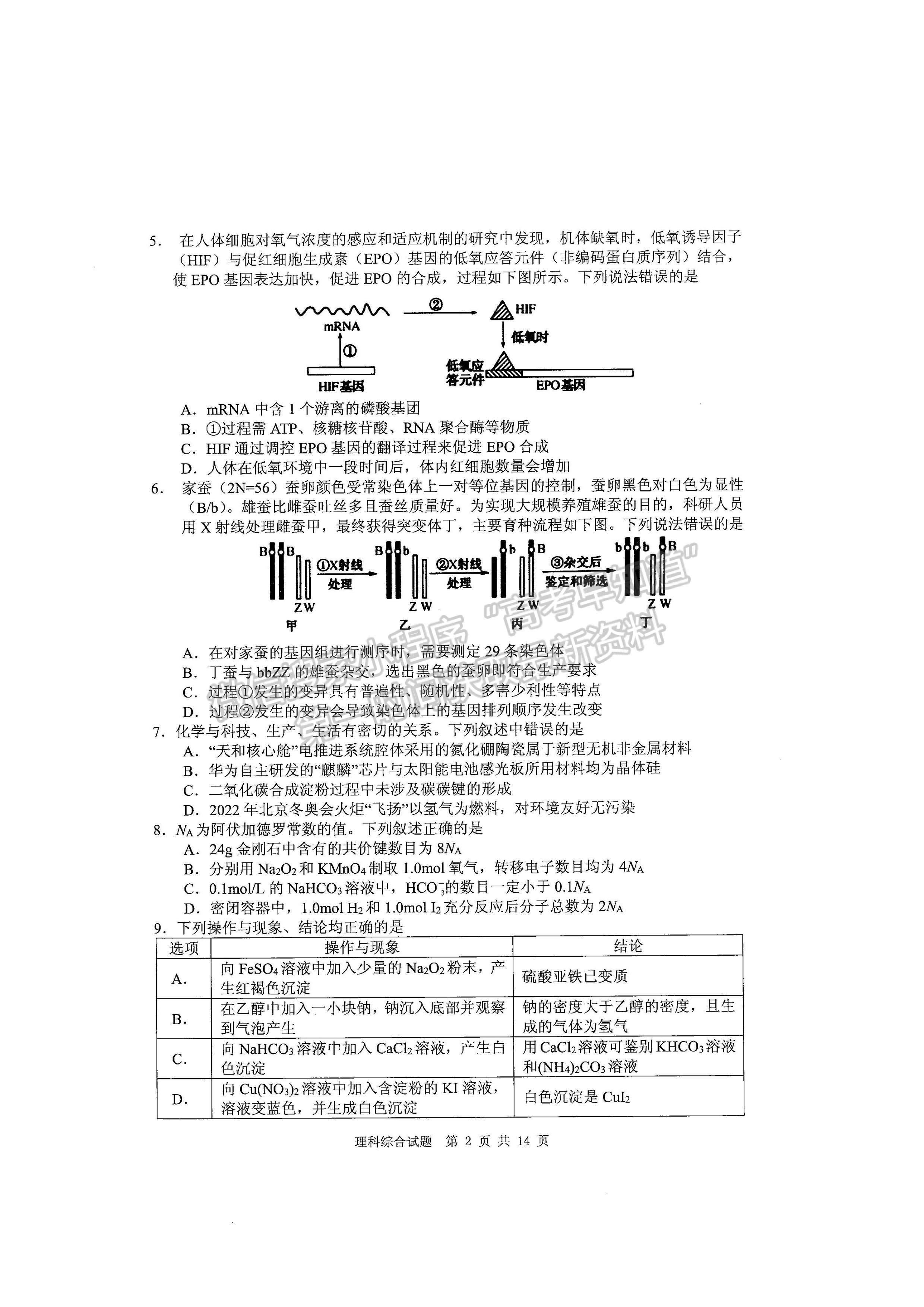 2022四川省雅安市高中2019級第三次診斷性考試?yán)砜凭C合試題及答案