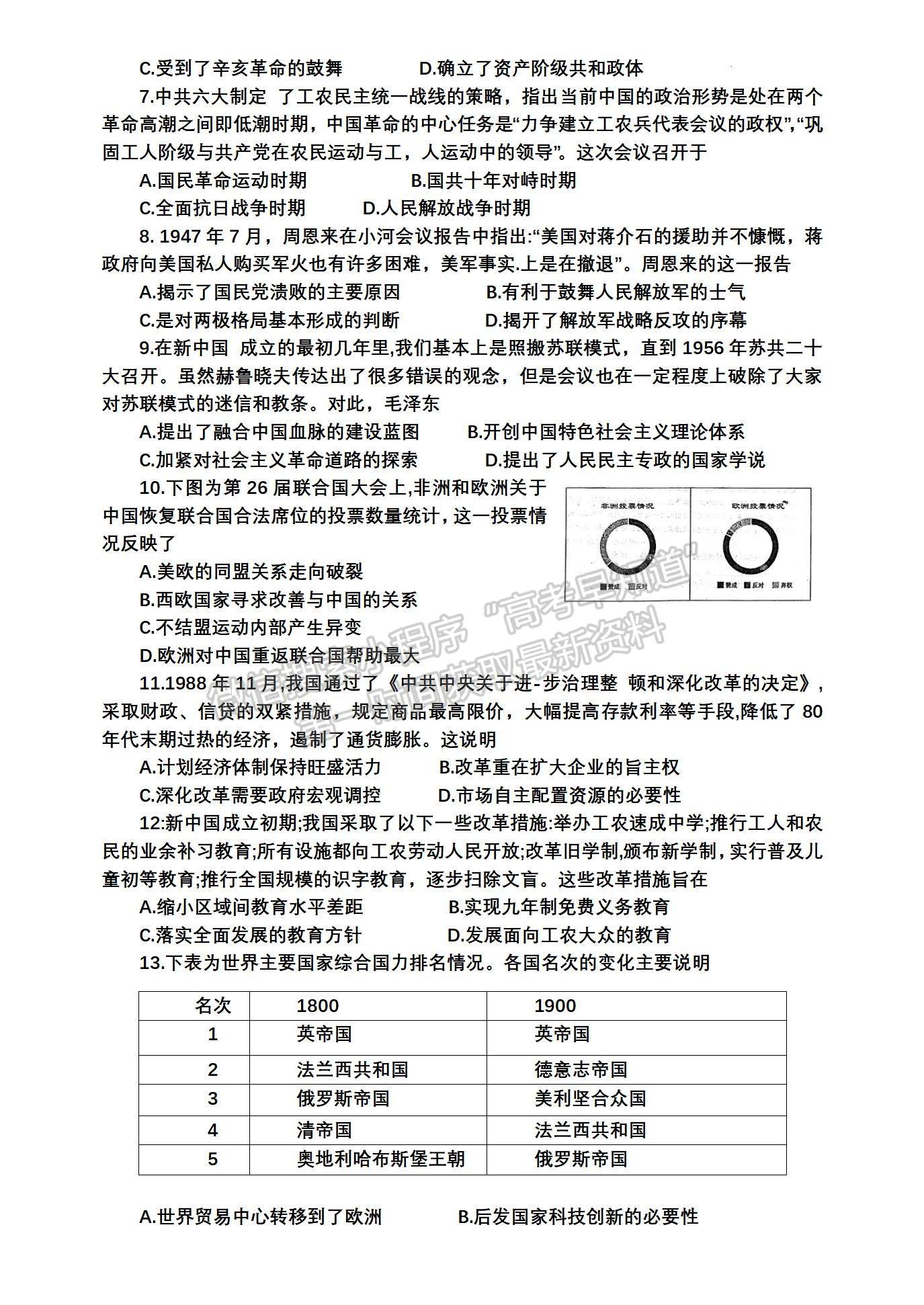 2022届江苏如皋市高三第三次适应性考试（南通3.5模）历史试题及答案