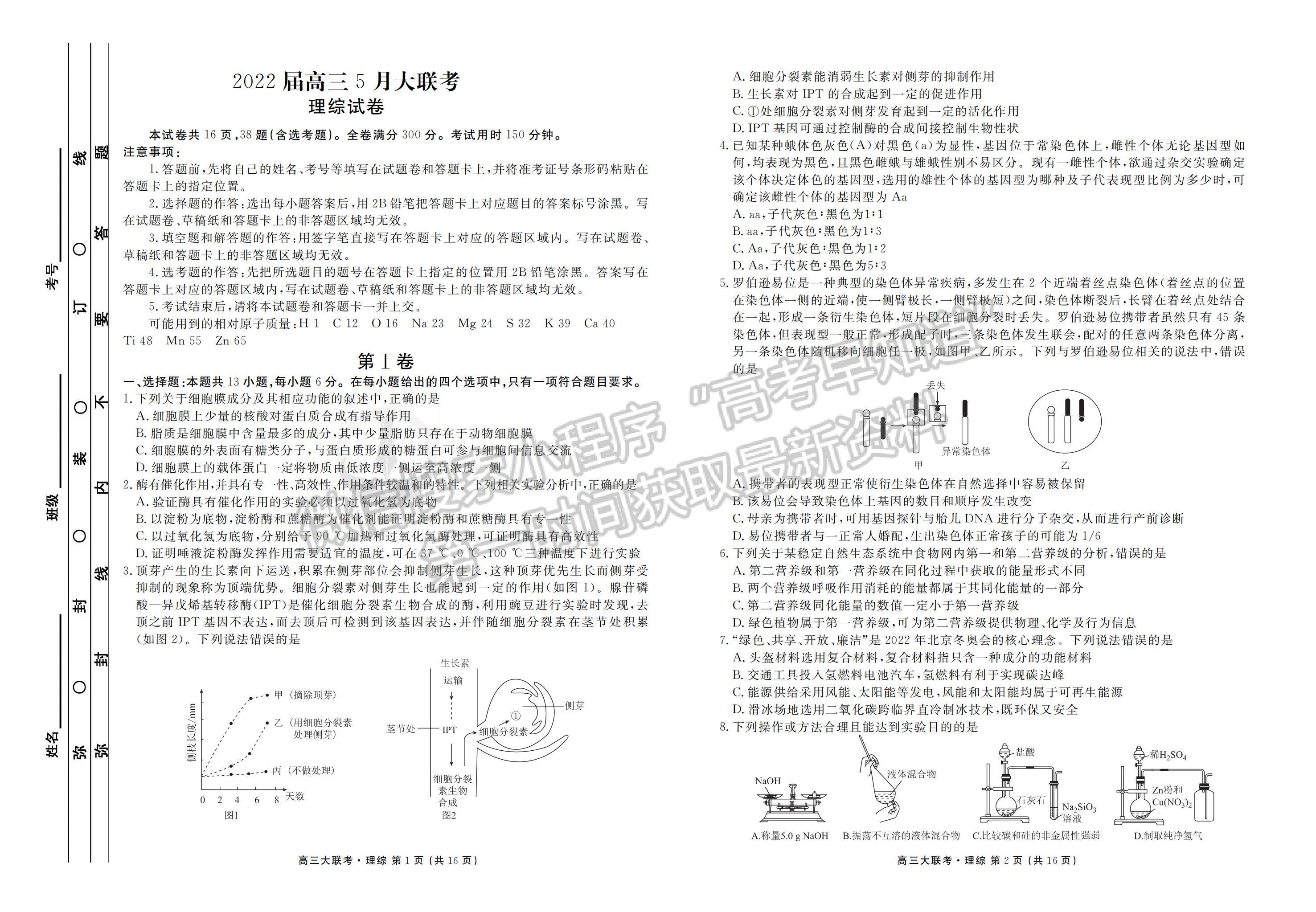 2022安徽衡水金卷高三5月大聯(lián)考理綜試卷及答案