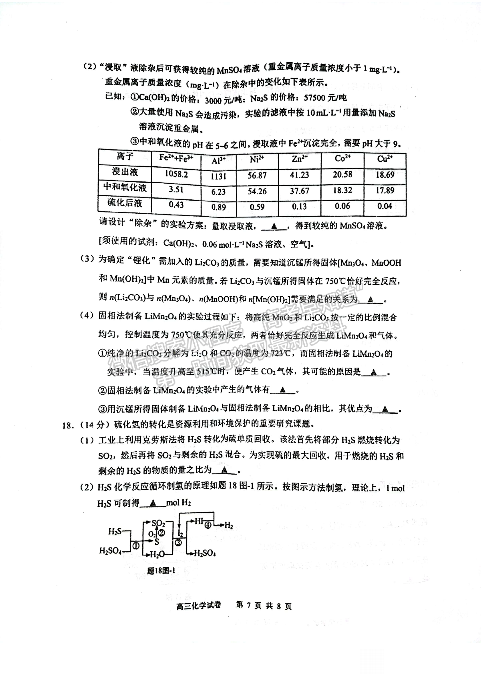 2022屆江蘇省揚(yáng)州市高三考前調(diào)研測(cè)試化學(xué)試題及答案