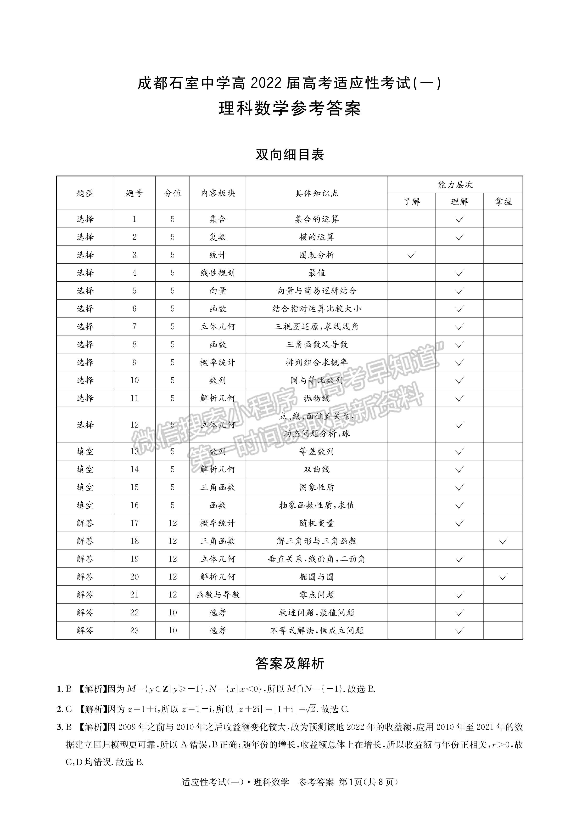 2022成都石室中學高2022屆高考適應(yīng)性考試（一）理科數(shù)學試題答案