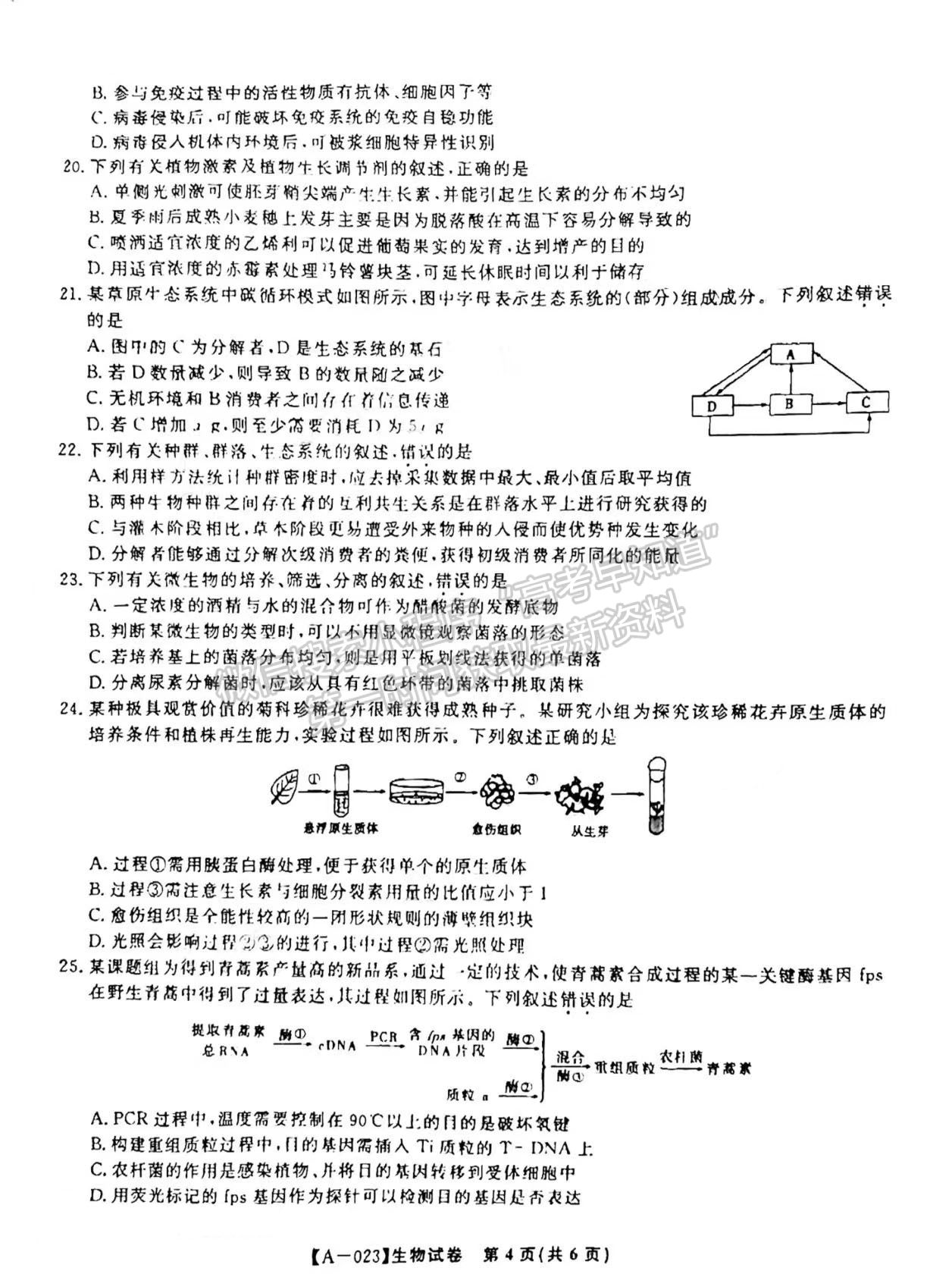 2023安徽皖江名校高三摸底考生物試卷及答案