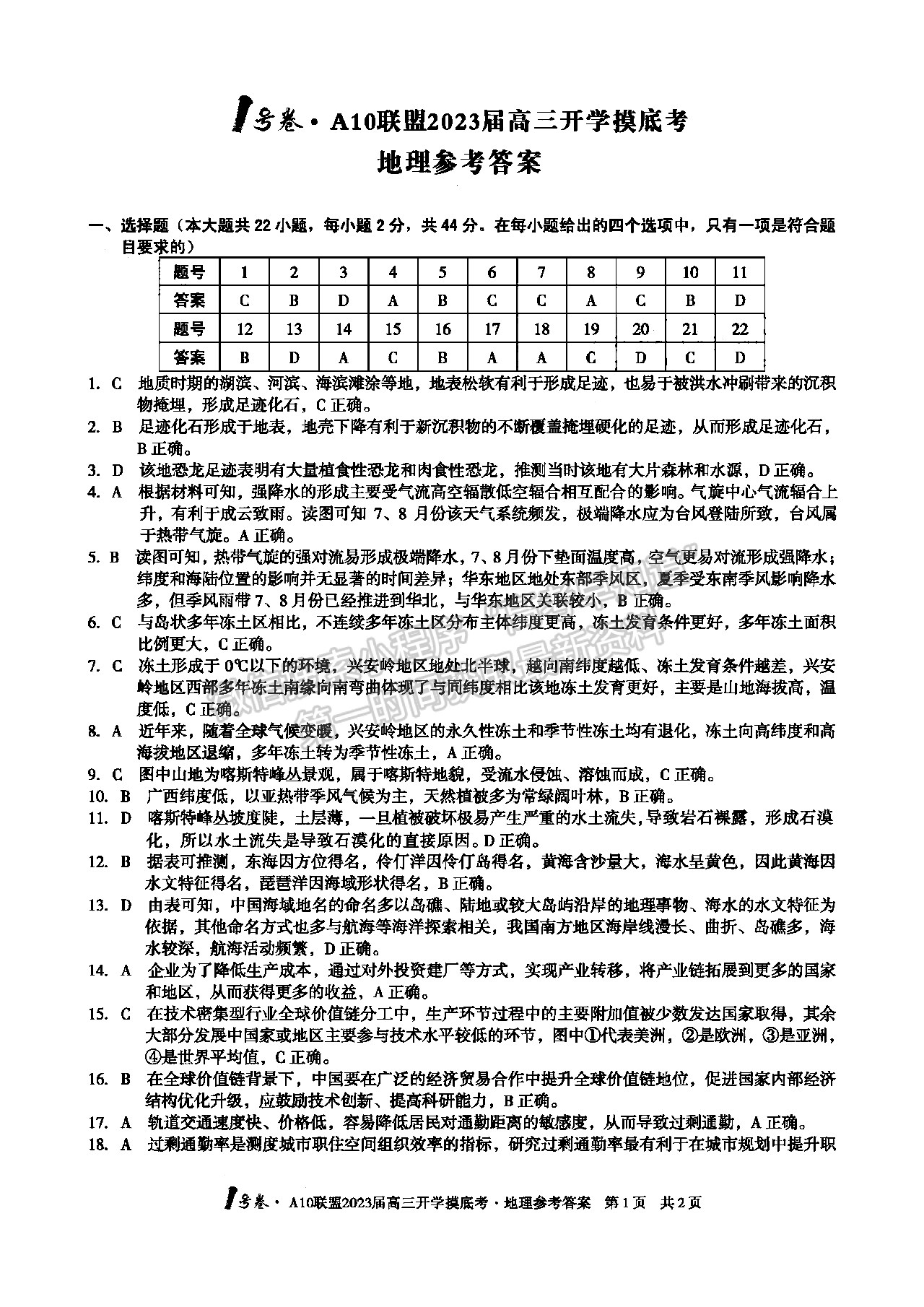 2023安徽A10聯(lián)盟開(kāi)學(xué)考地理試卷及答案