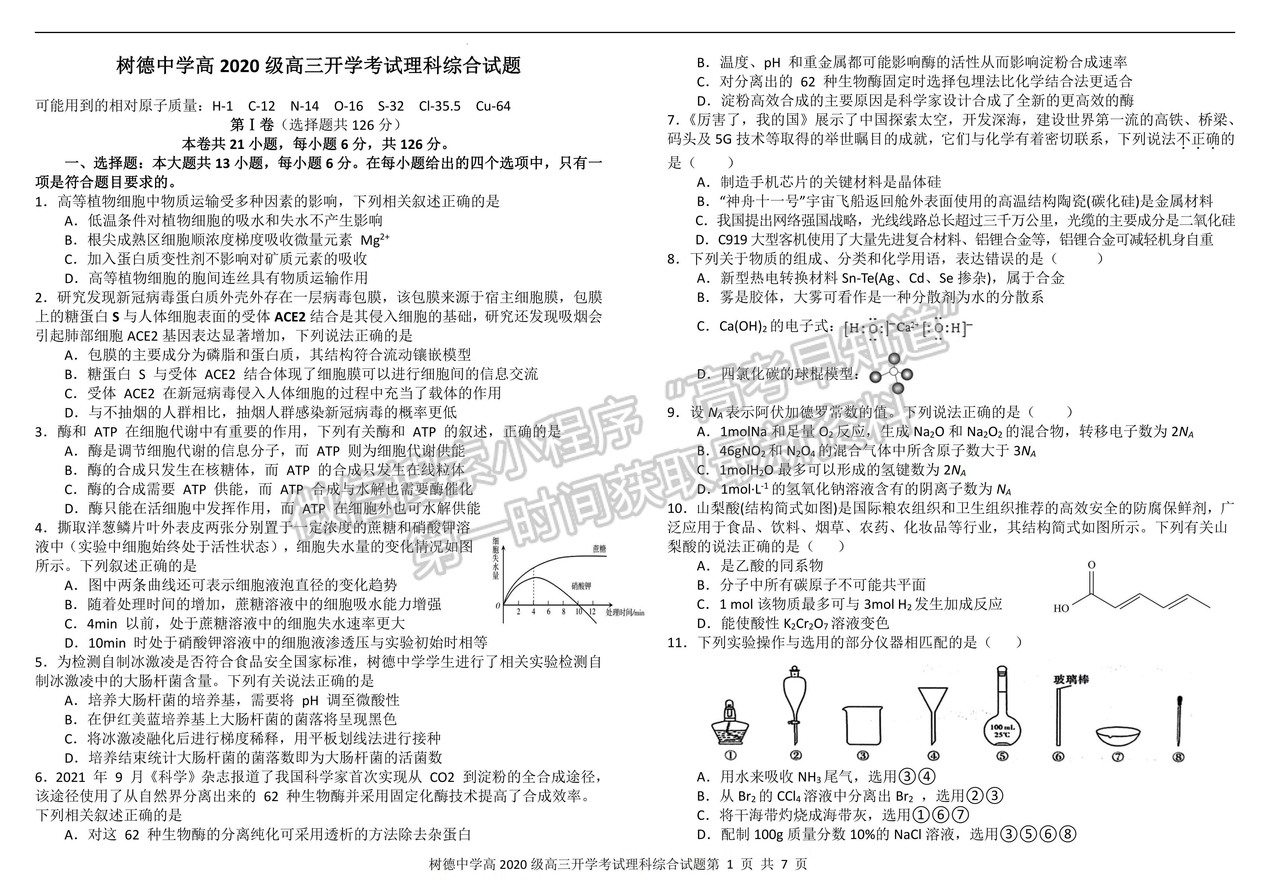 2023届成都树德中学高三上期入学考试理科综合试题及答案