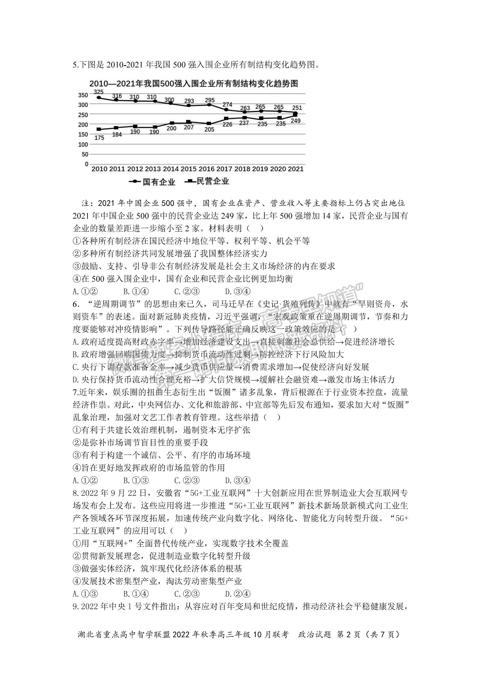 2023屆湖北重點中學智學聯盟高三10月聯考政治試卷及參考答案