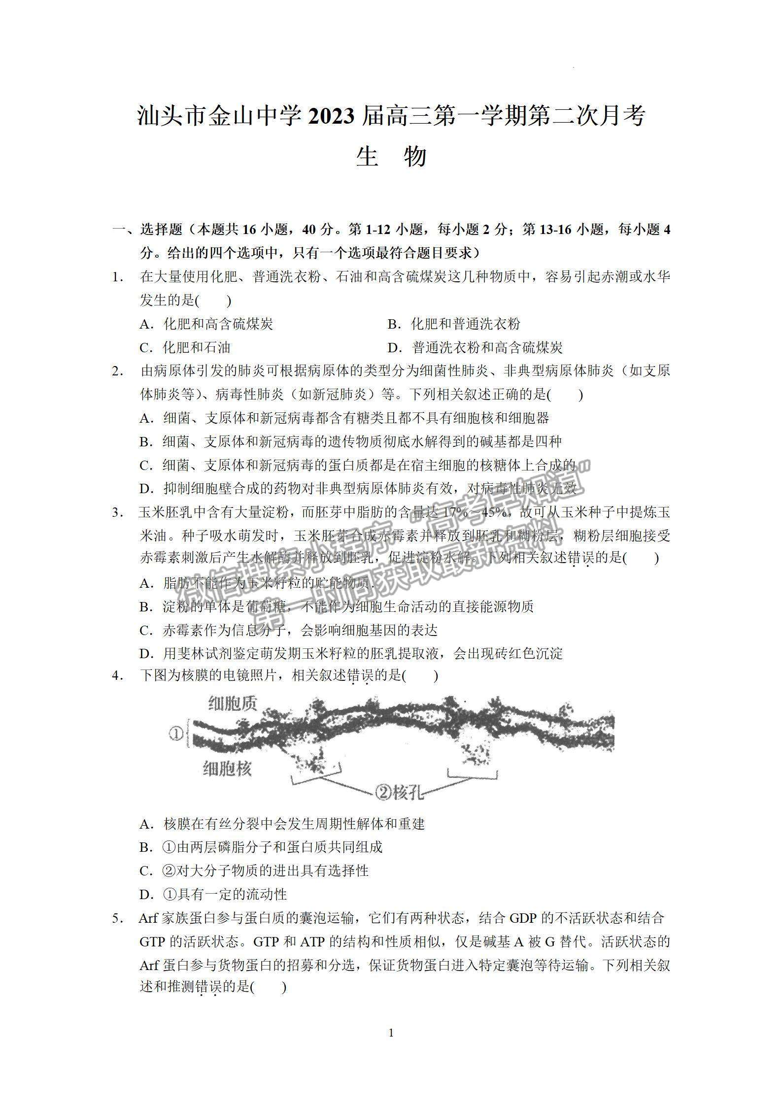 2023屆廣東省汕頭市金山中學高三上學期第二次月考生物試題及答案