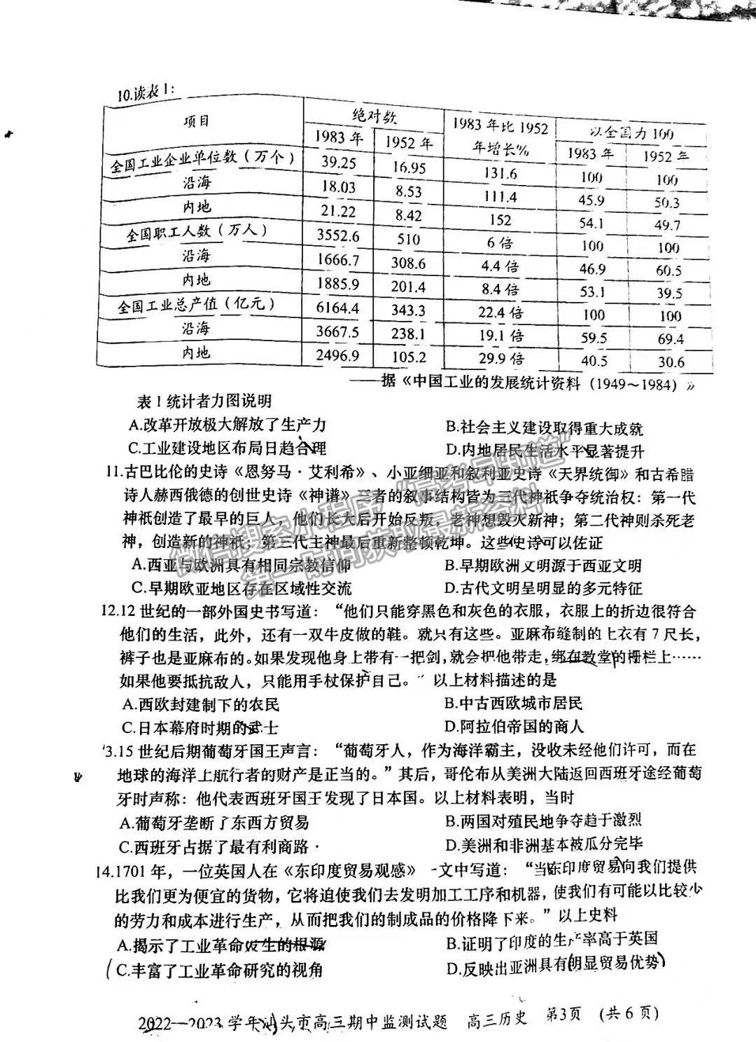 2023汕頭高三10月市統(tǒng)考?xì)v史試題及參考答案