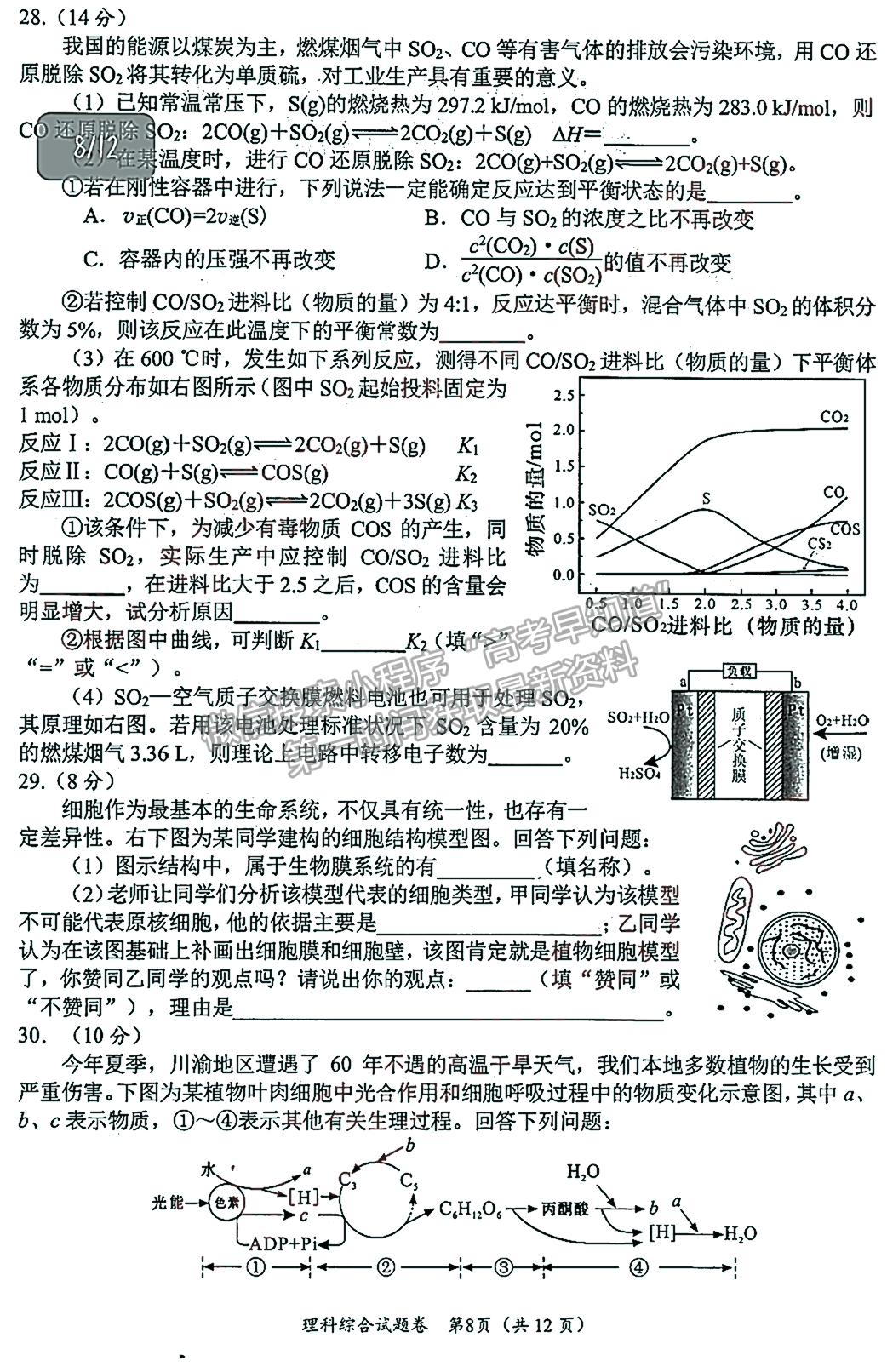 2023屆四川省綿陽市高2020級第一次診斷考試?yán)砜凭C合試題及答案