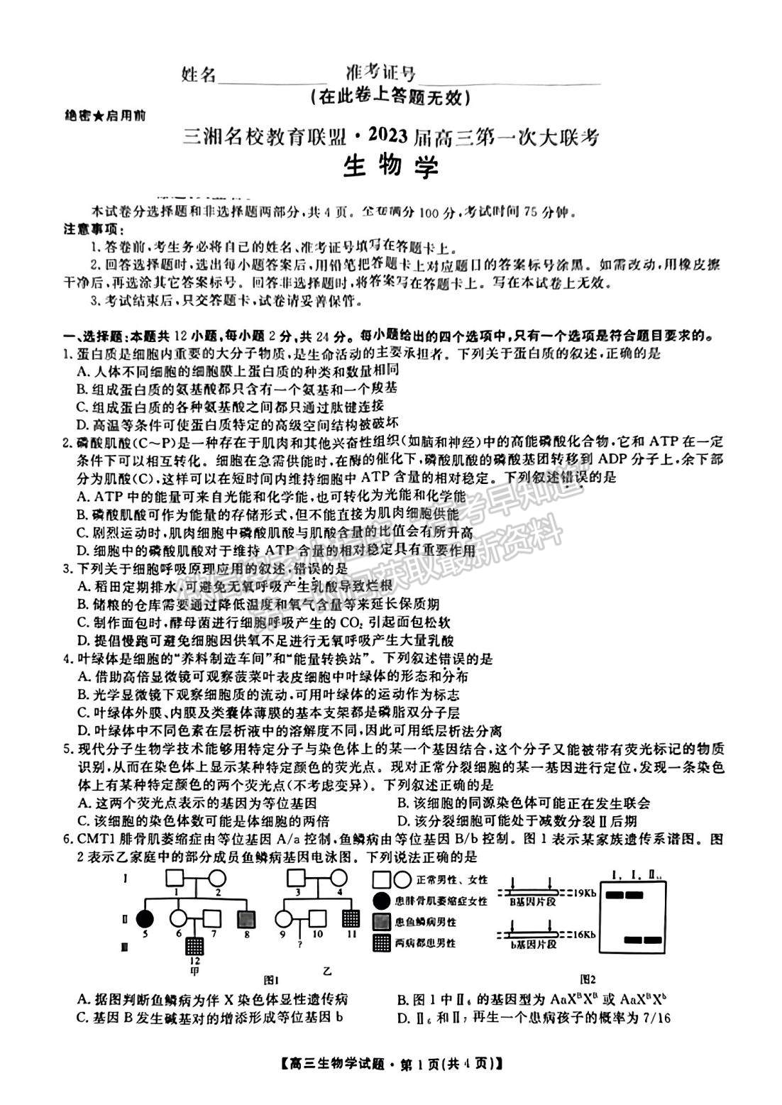 2023屆湖南省三湘名校教育聯(lián)盟大聯(lián)考生物試題及參考答案