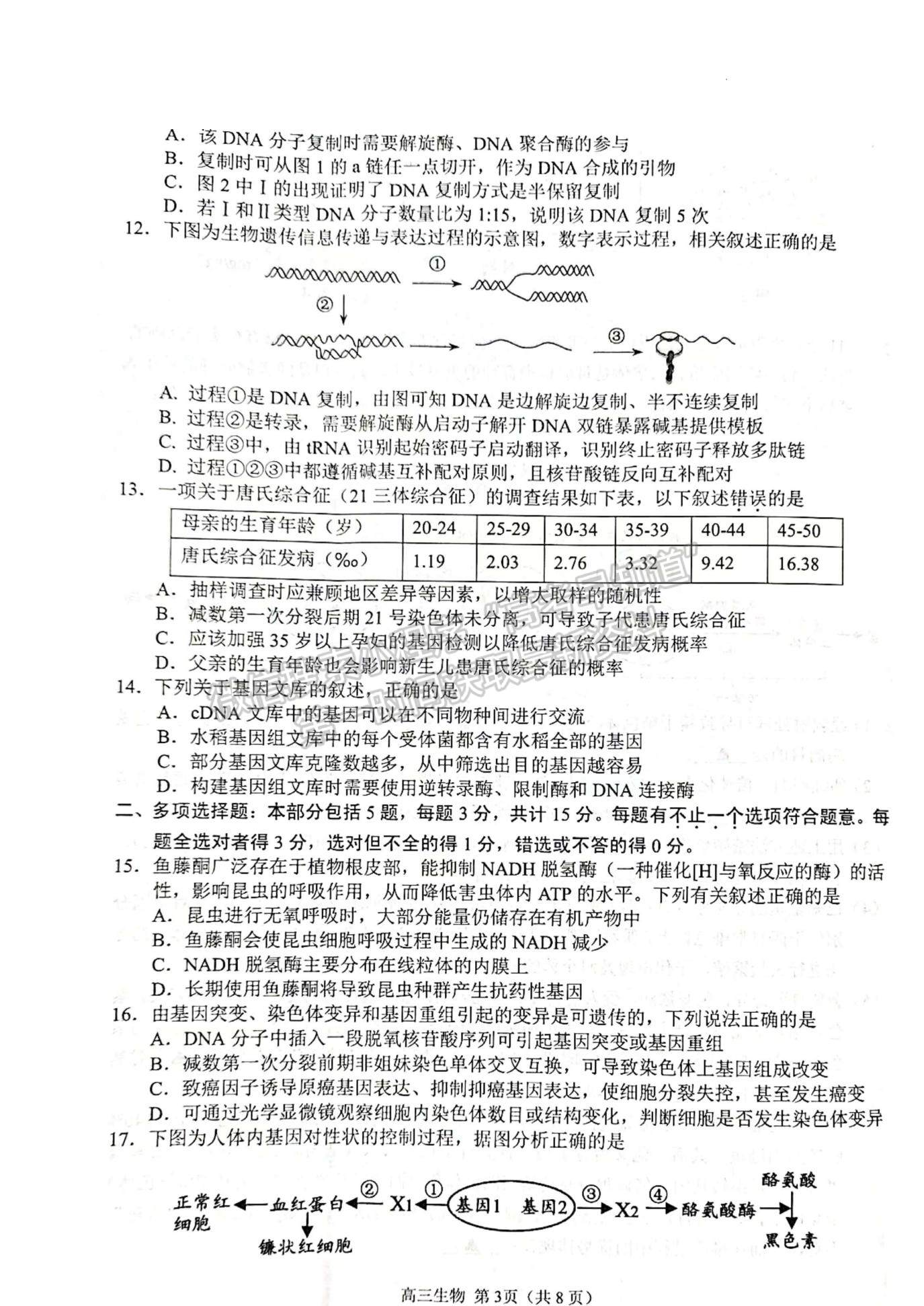 2023屆江蘇省揚州市高三上學期期中調研生物試題及參考答案