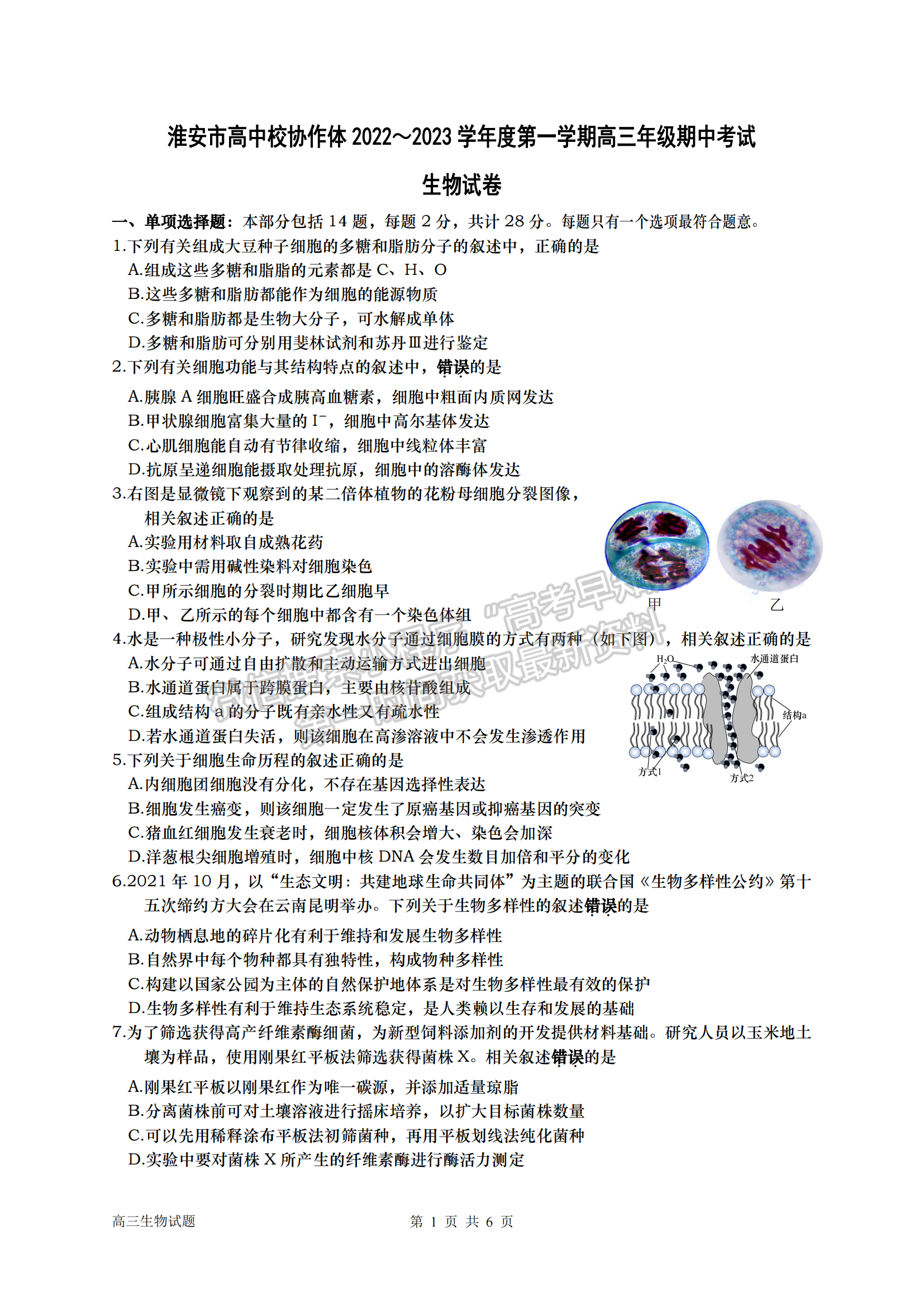 2023屆淮安市高中校協(xié)作體高三上學期期中生物試題及參考答案