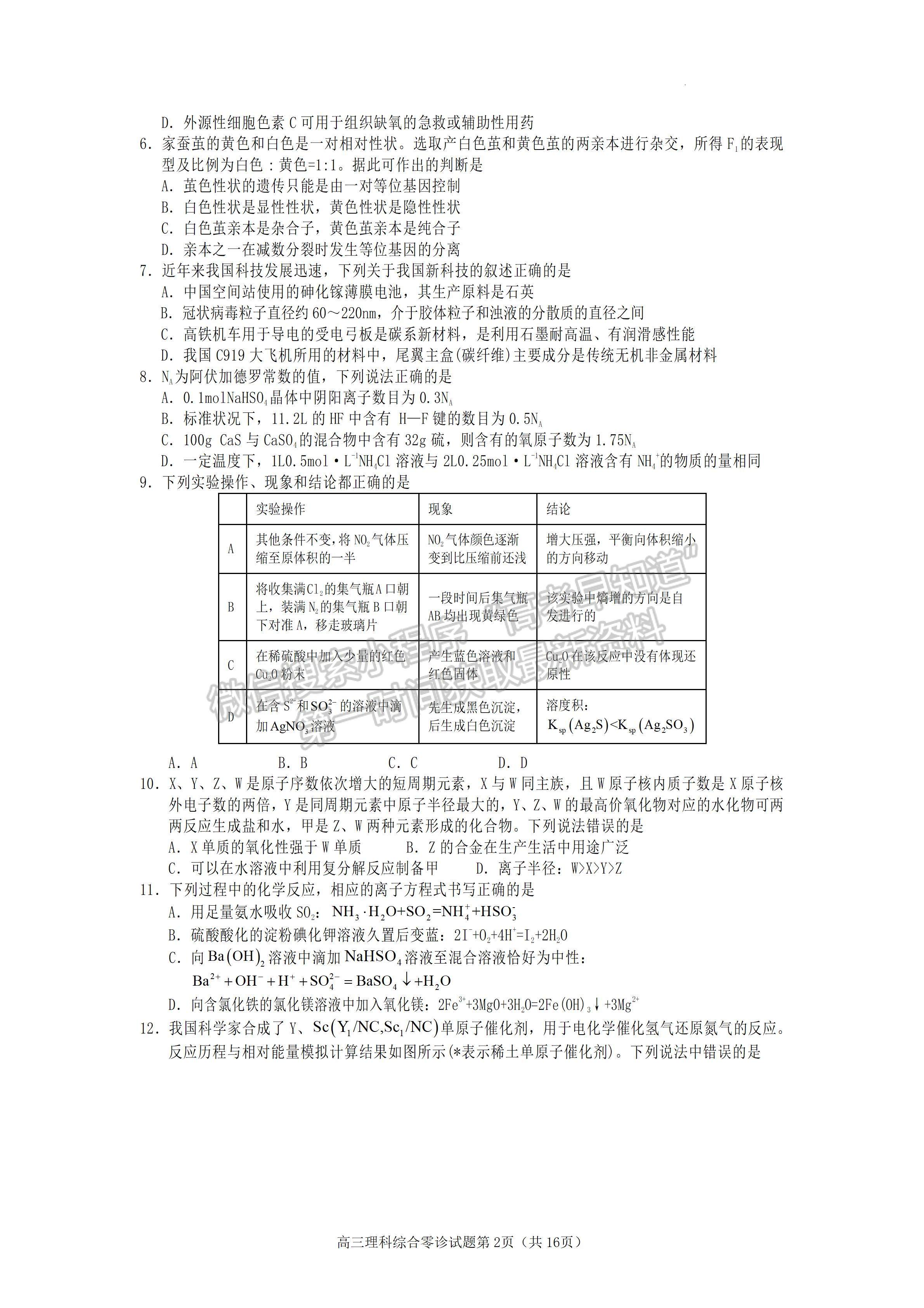 2023四川省遂寧市高中2023屆零診考試?yán)砜凭C合試題及答案