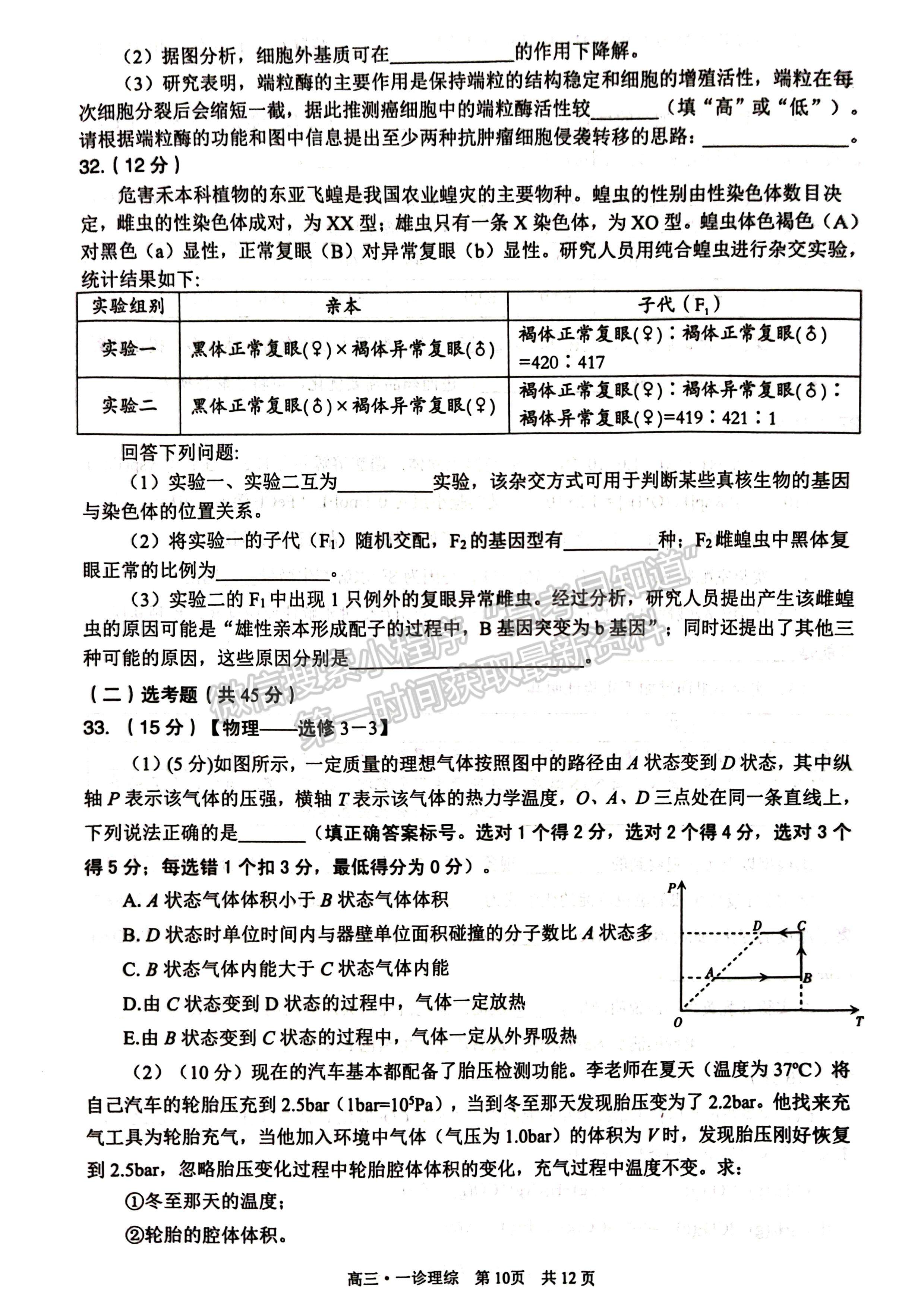 2023四川省瀘州市高2020級第一次教學質(zhì)量診斷性考試理科綜合試題及答案