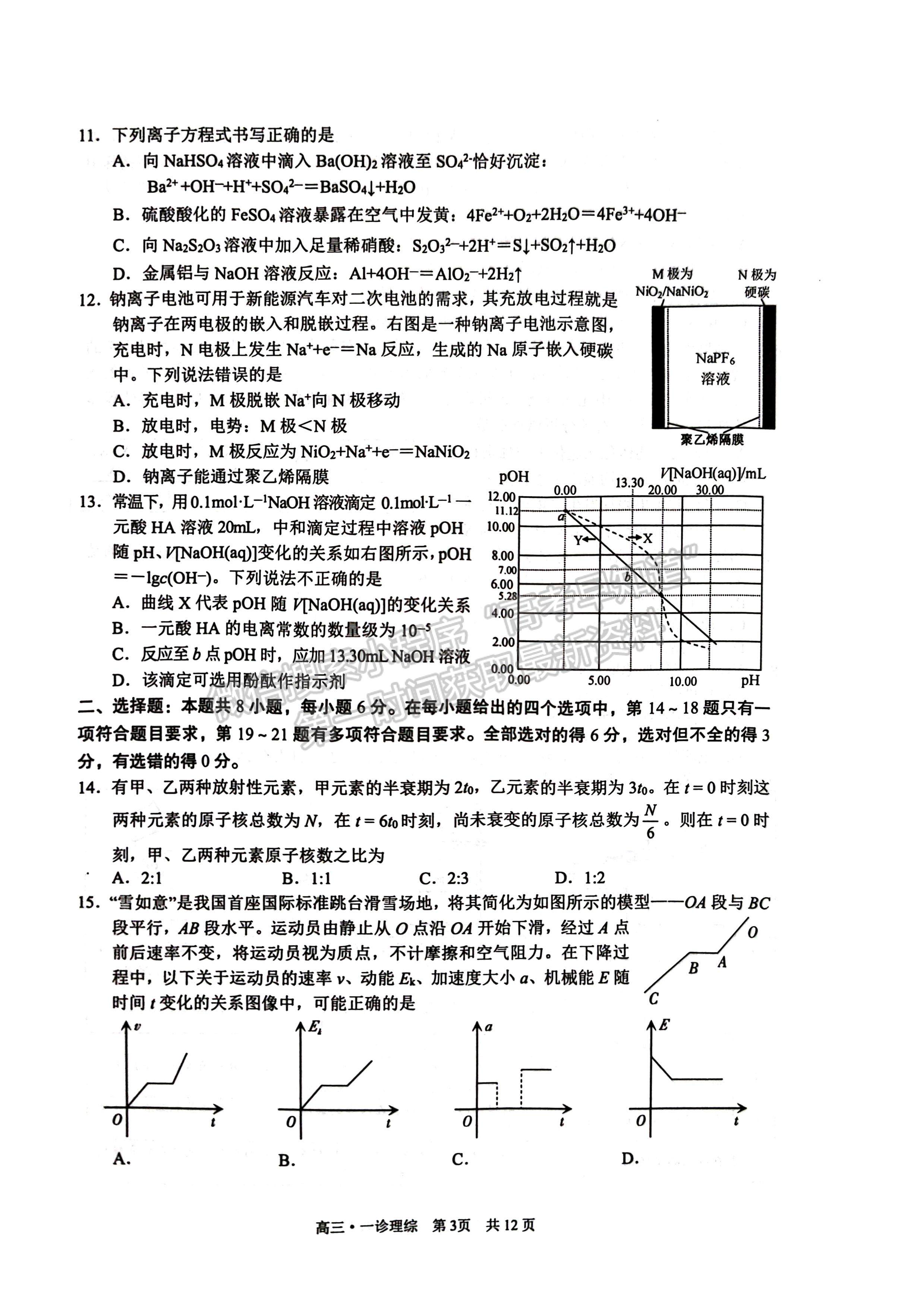 2023四川省瀘州市高2020級第一次教學質(zhì)量診斷性考試理科綜合試題及答案