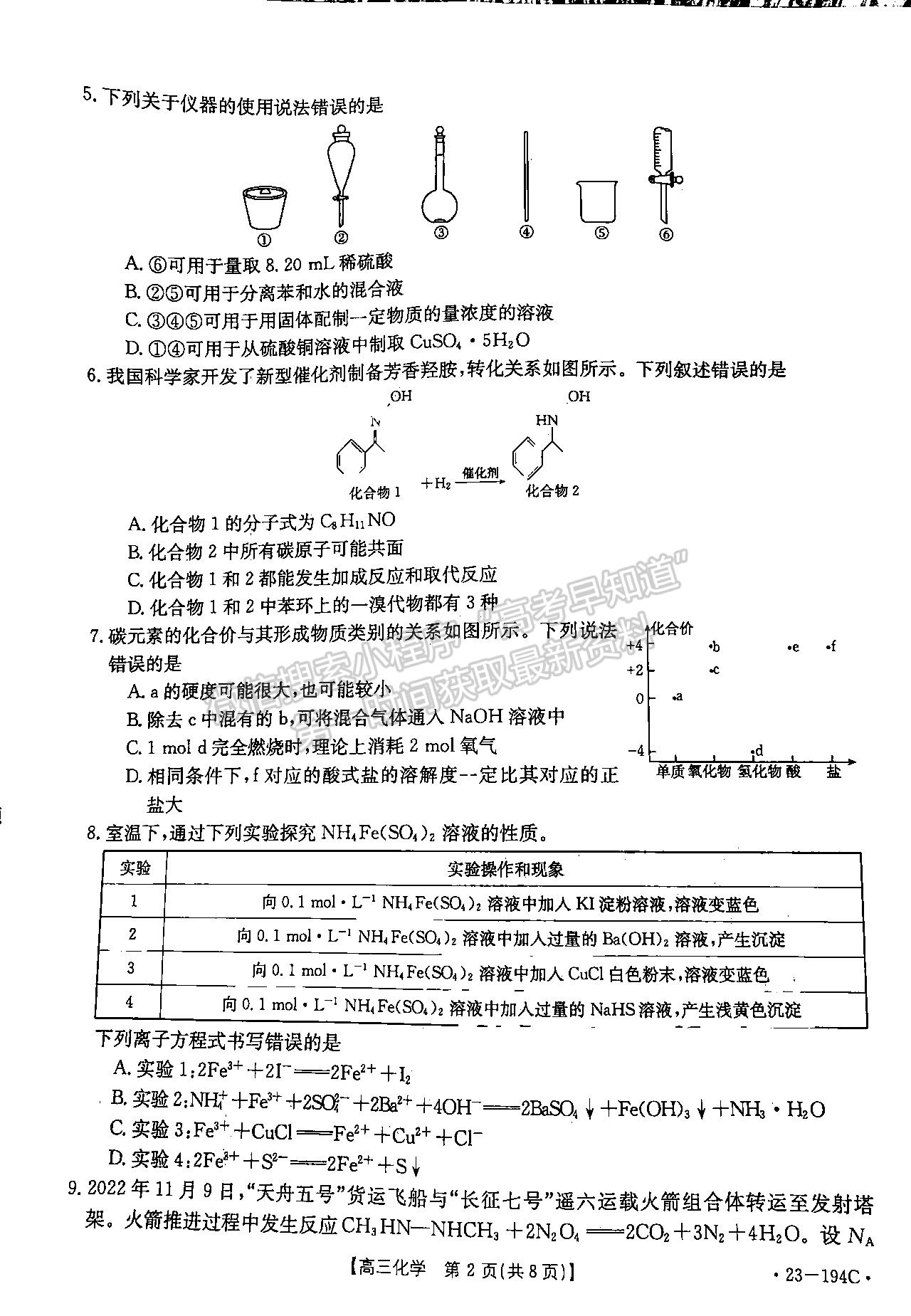 2023屆湖北優(yōu)質(zhì)重點高中高三聯(lián)考（23-194C）化學(xué)試卷及參考答案