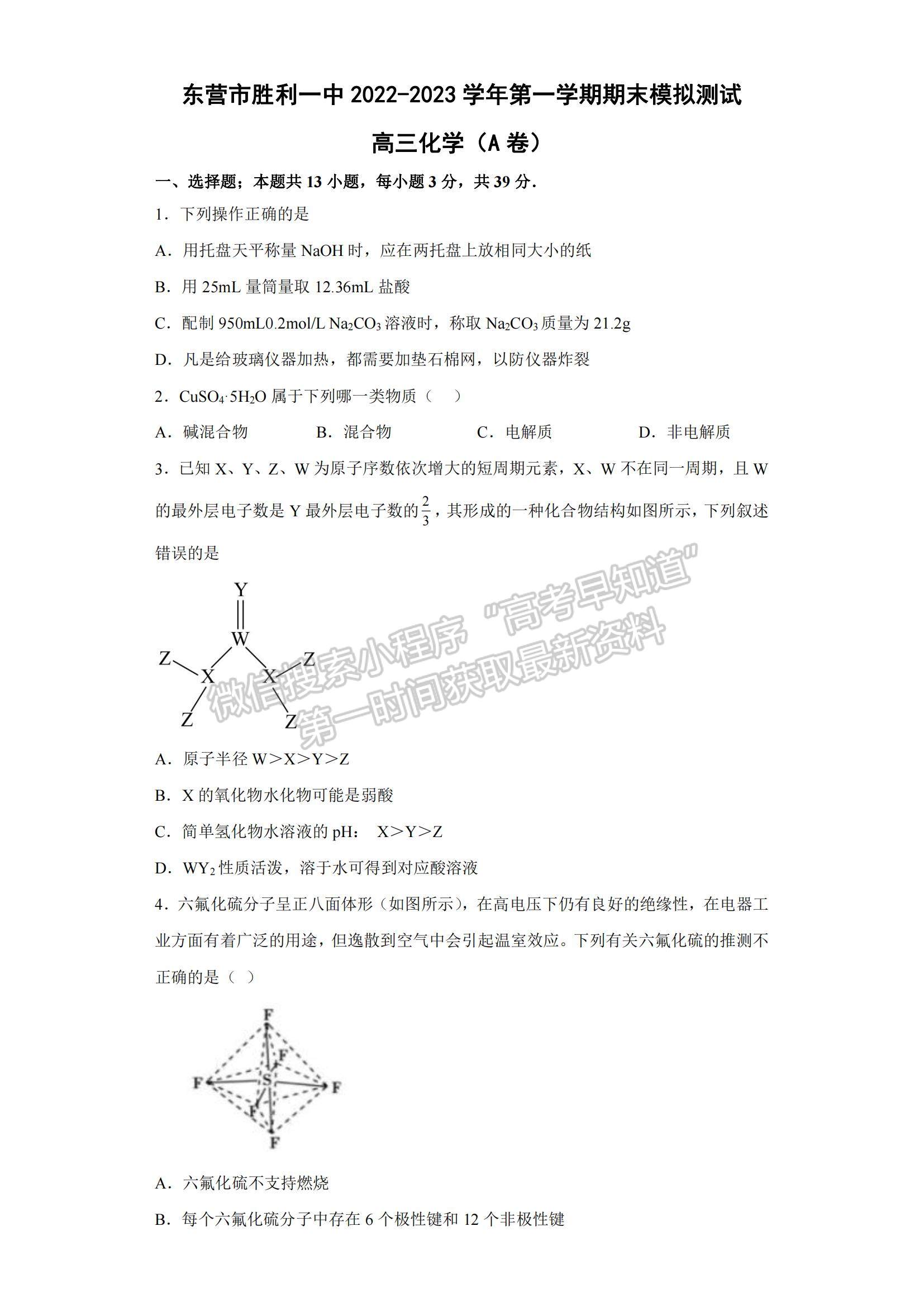 2023山東省東營市勝利一中高三上學(xué)期期末模擬測試（A卷）-化學(xué)試卷及答案