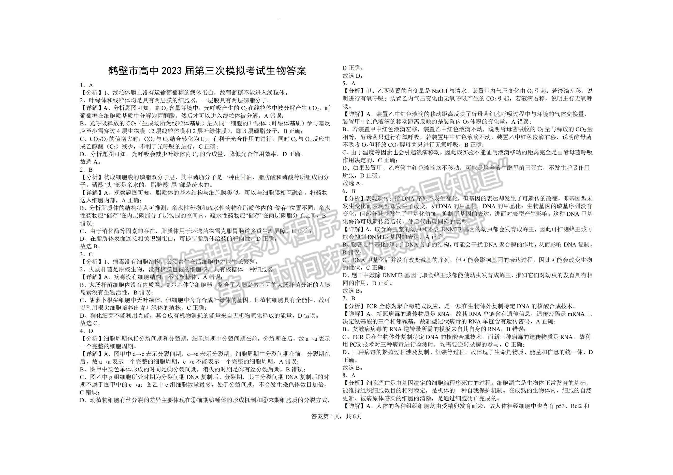 2023河南省鶴壁市高中高三上學期第三次模擬考試生物試題及參考答案