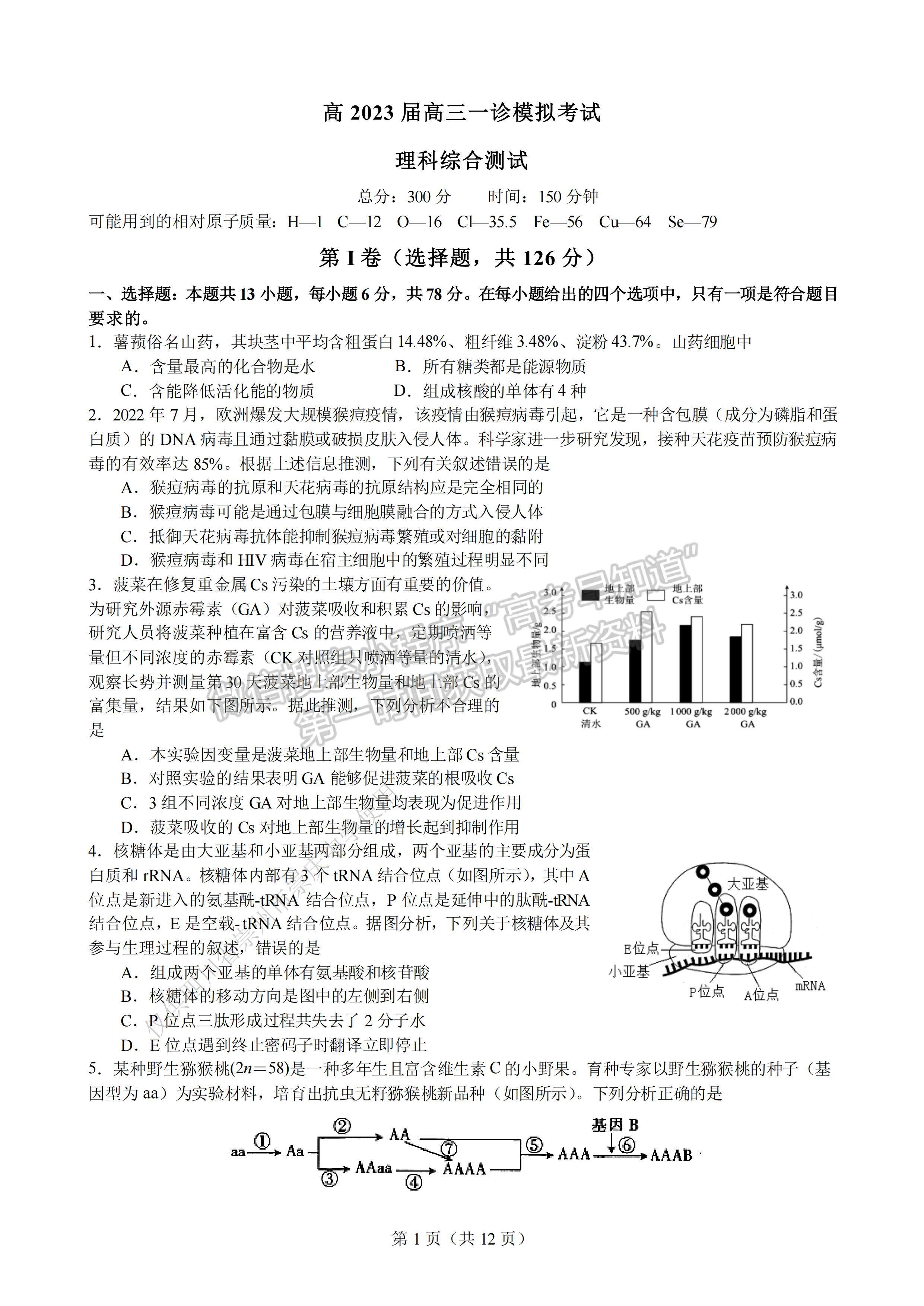 2023成都七中高2023屆高三一診模擬考試理科綜合試題