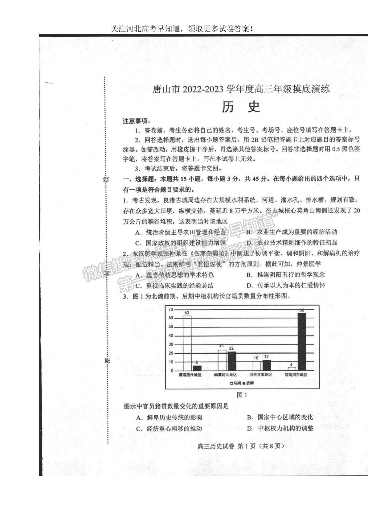 2023河北省唐山市高三上學期摸底考試歷史試題及參考答案