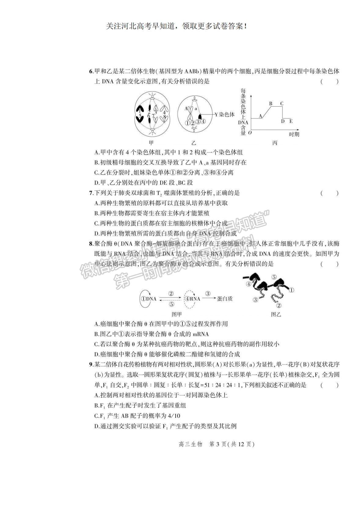 2023河北省示范性高中高三上學期9月份考試生物試題及參考答案