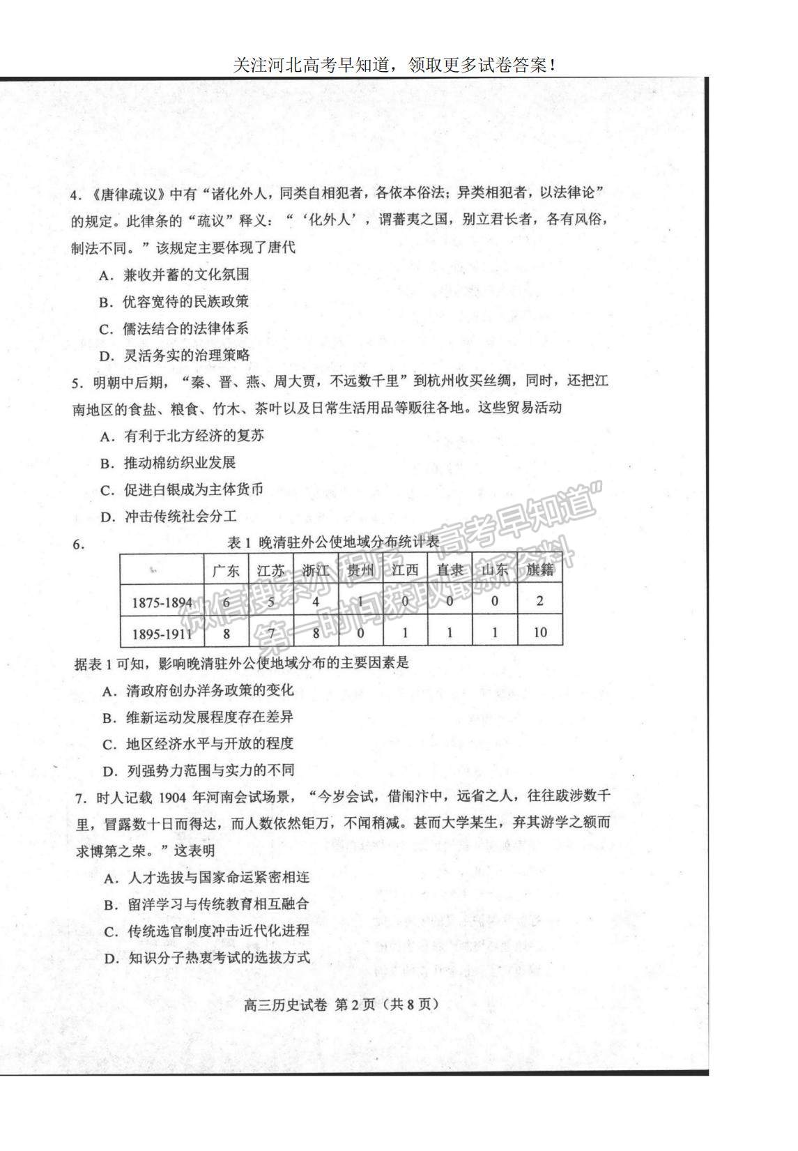 2023河北省唐山市高三上學期摸底考試歷史試題及參考答案